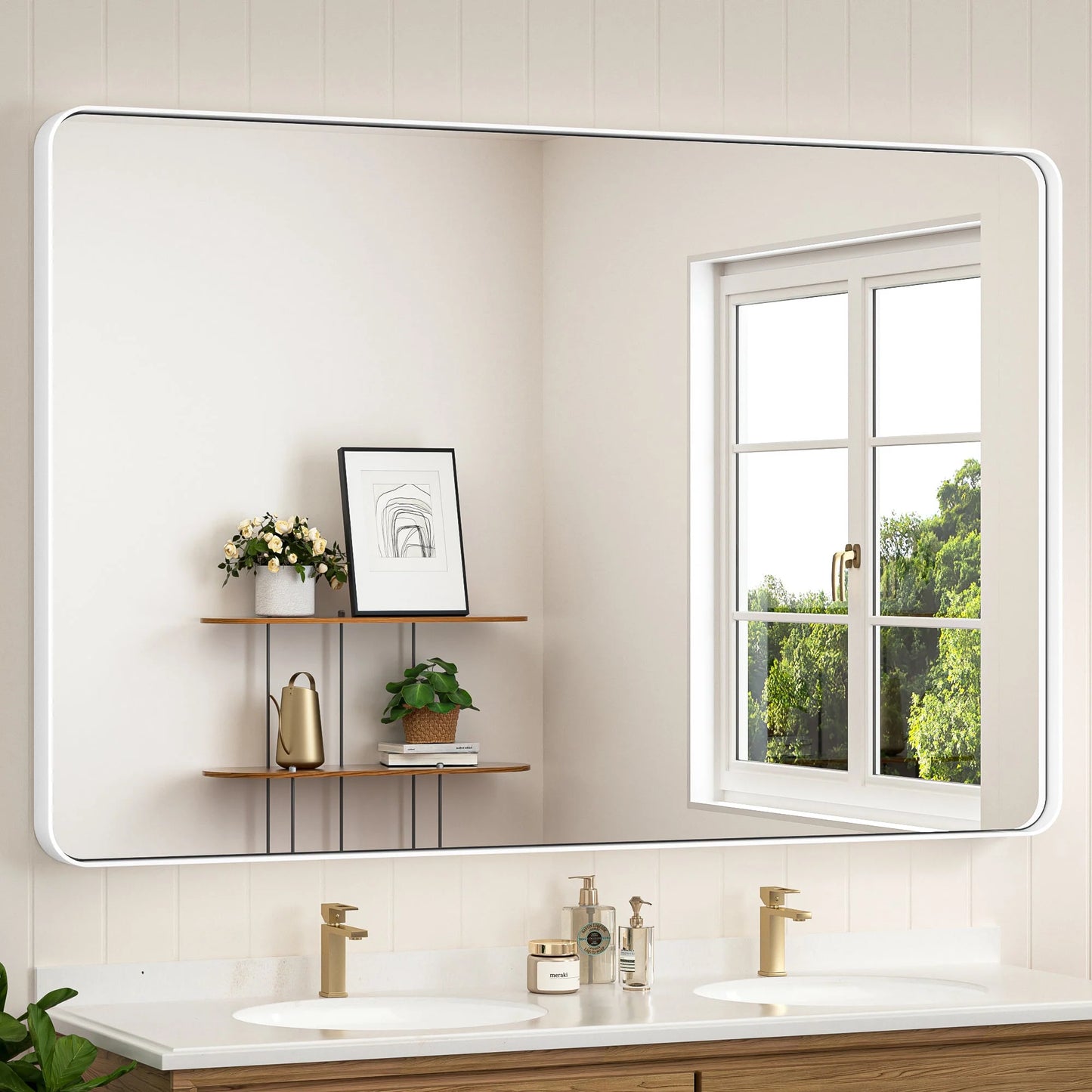 White Hard Corner Thin Frame Metal Mirror – Modern Wall-Mounted Bathroom - Bedroom - and Entryway Mirror - Lumens Depot