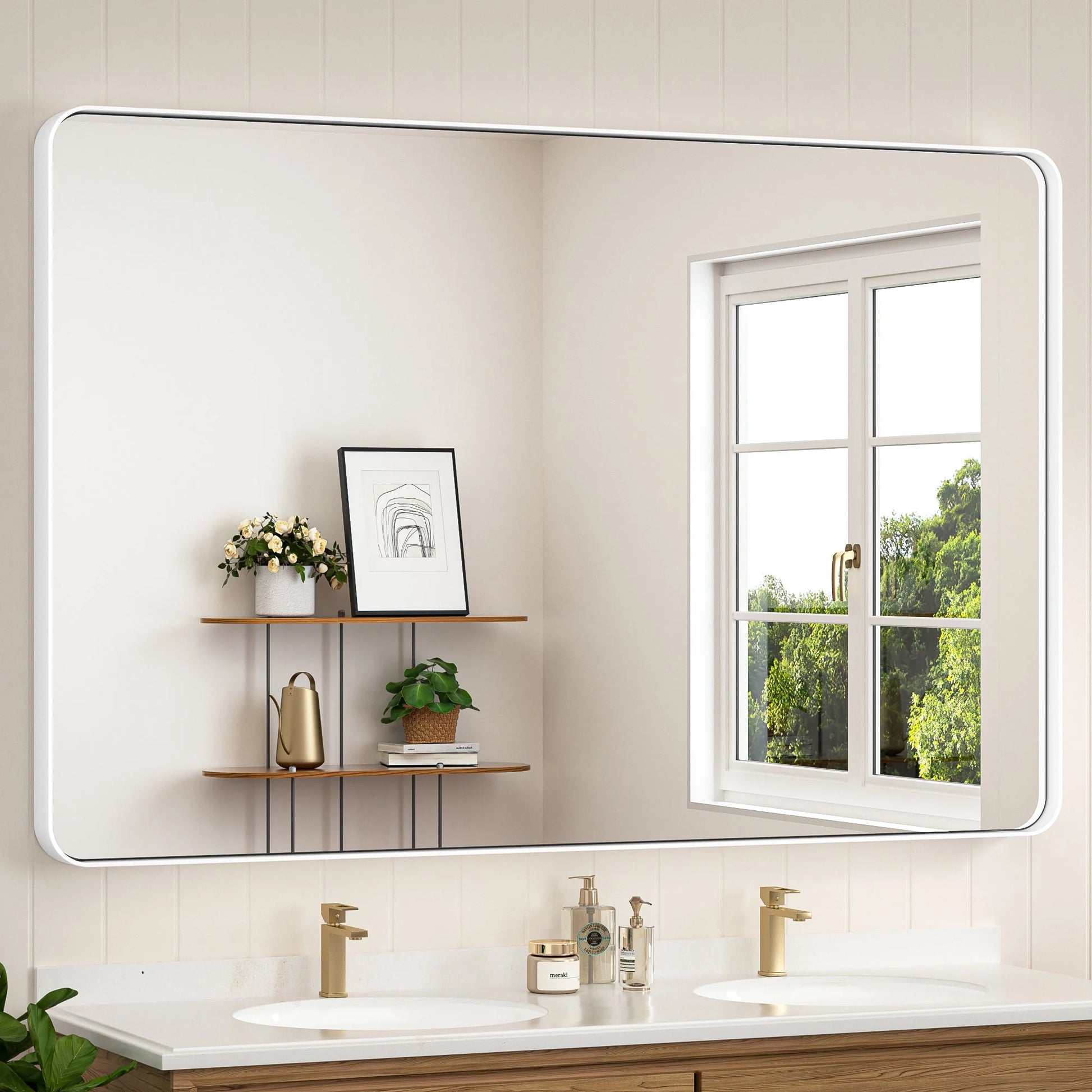 White Hard Corner Thin Frame Metal Mirror – Modern Wall-Mounted Bathroom - Bedroom - and Entryway Mirror - Lumens Depot
