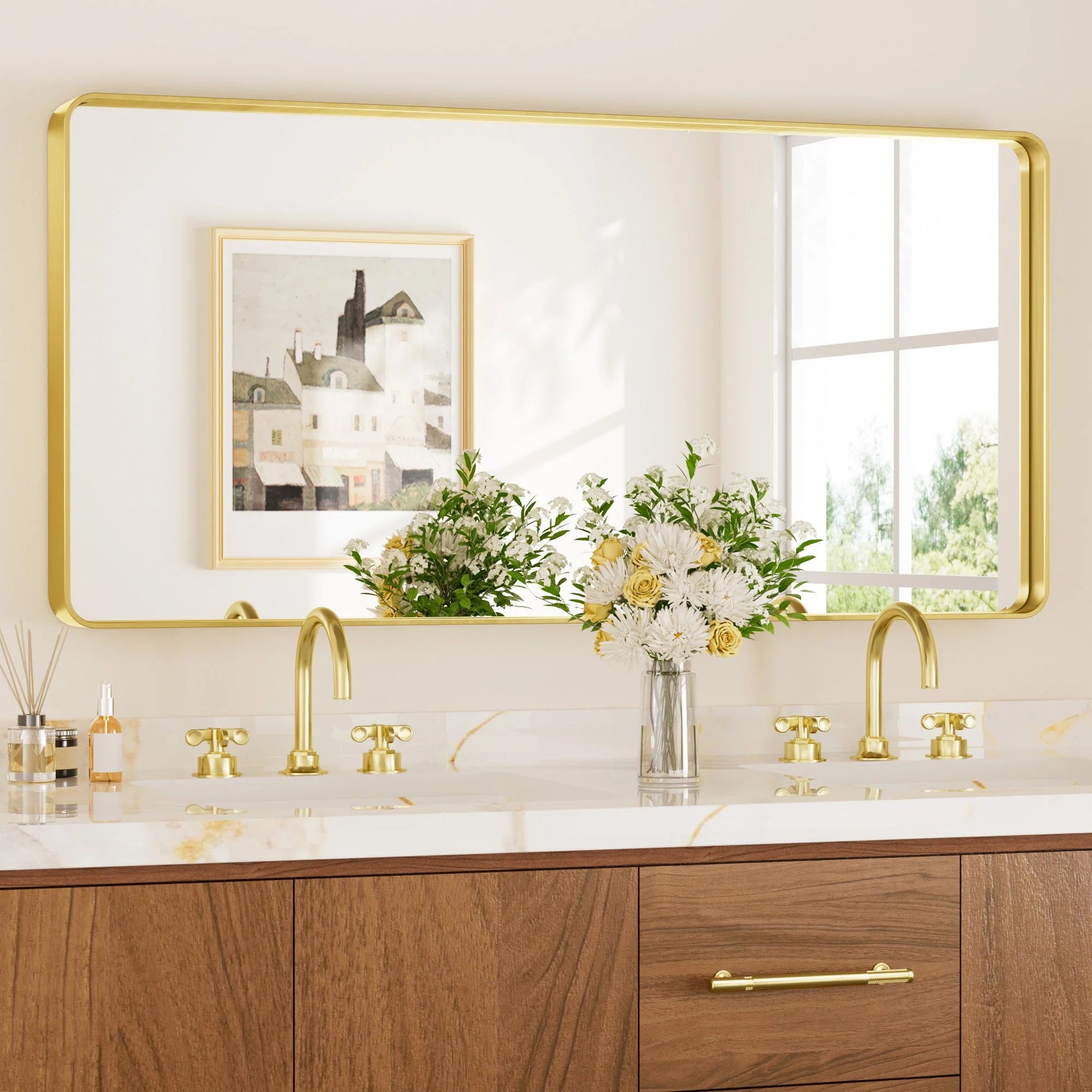 Gold Hard Corner Thin Frame Metal Mirror – Modern Wall-Mounted Bathroom - Bedroom - and Entryway Mirror - Lumens Depot