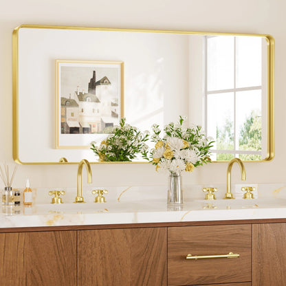 Gold Hard Corner Thin Frame Metal Mirror – Modern Wall-Mounted Bathroom - Bedroom - and Entryway Mirror - Lumens Depot