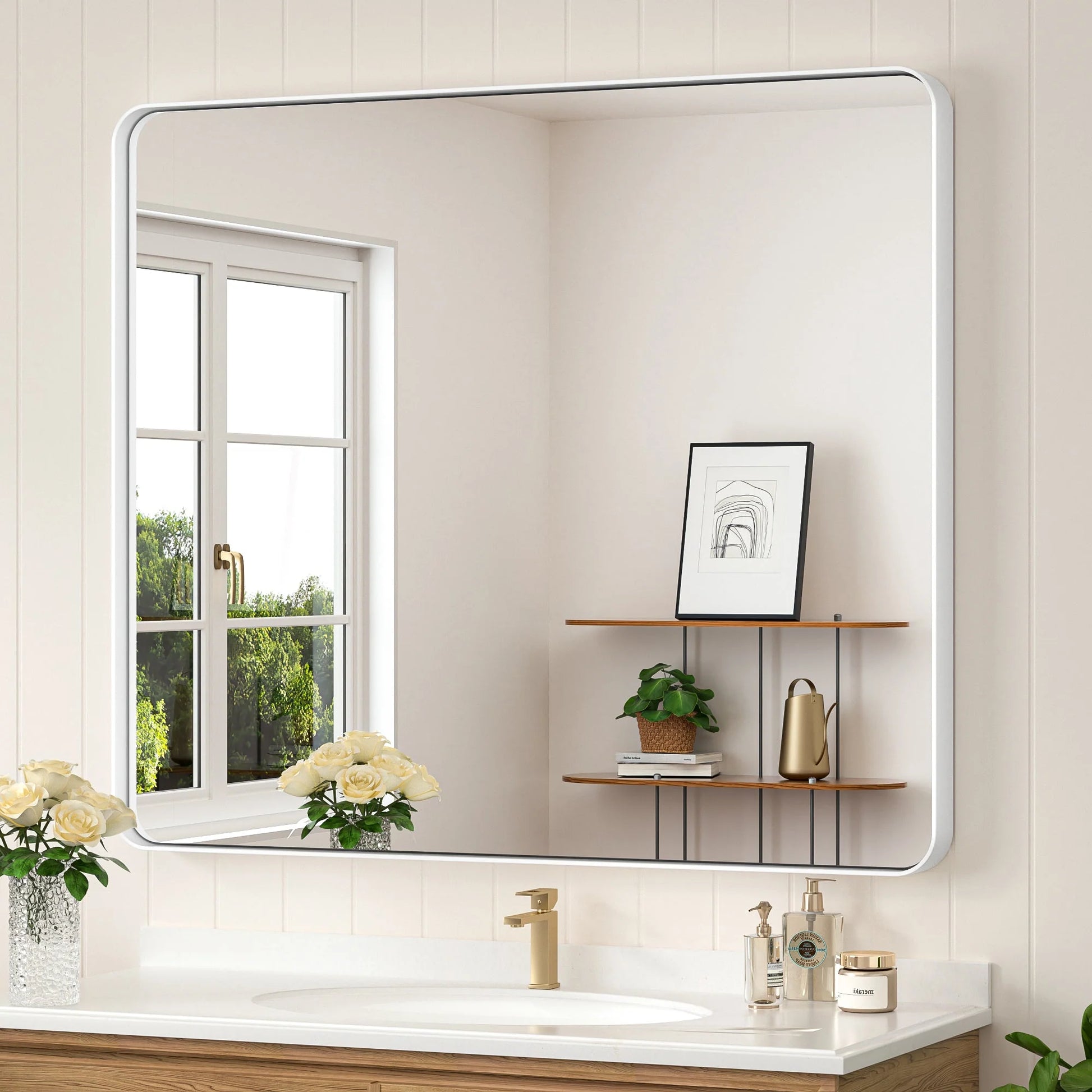 White Hard Corner Thin Frame Metal Mirror – Modern Wall-Mounted Bathroom - Bedroom - and Entryway Mirror - Lumens Depot