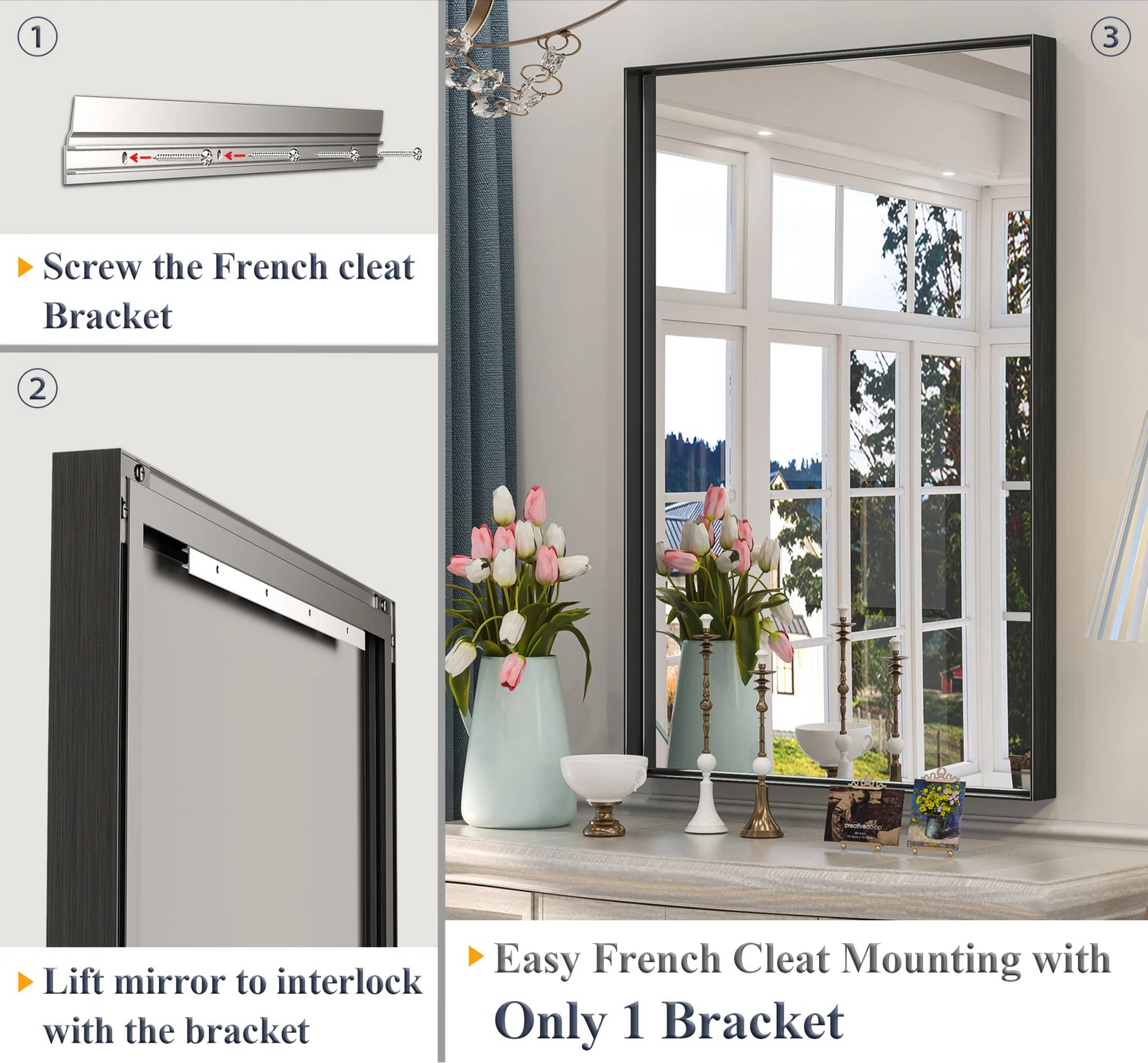 Black Hard Corner Metal Frame Mirror – Rectangular Wall Mirror with Shatterproof Copper-Free Glass - Vertical or Horizontal Mount - Lumens Depot