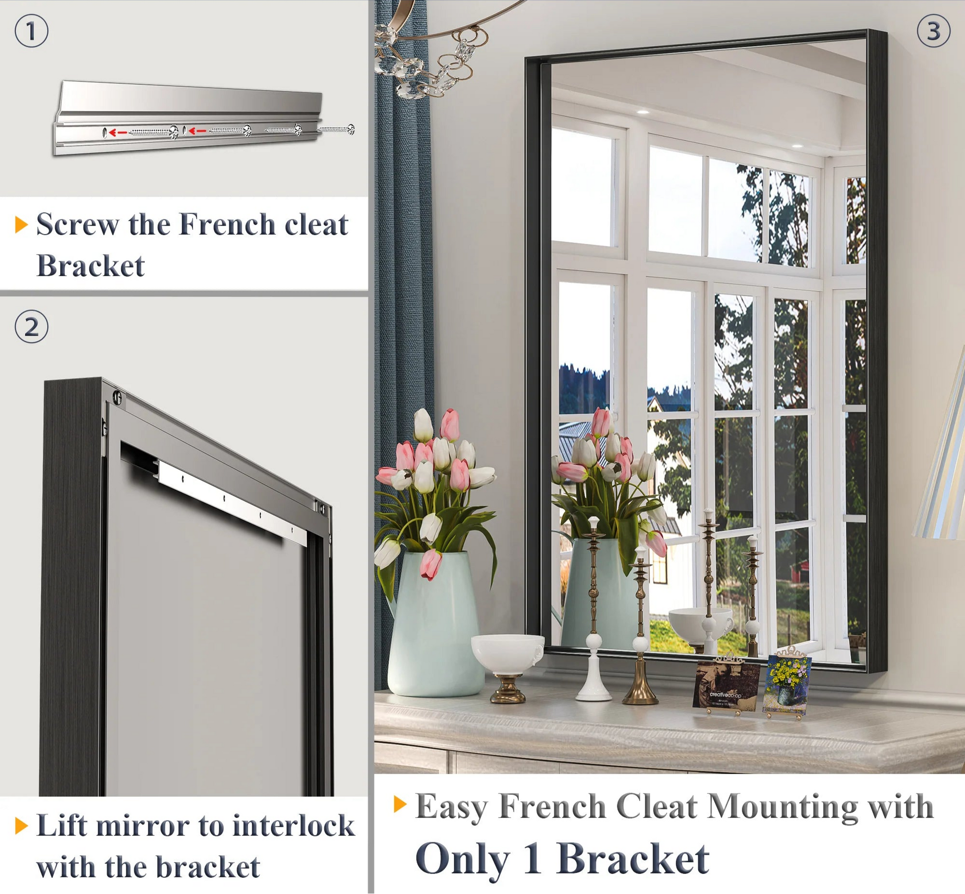 Black Hard Corner Metal Frame Mirror – Rectangular Wall Mirror with Shatterproof Copper-Free Glass - Vertical or Horizontal Mount - Lumens Depot