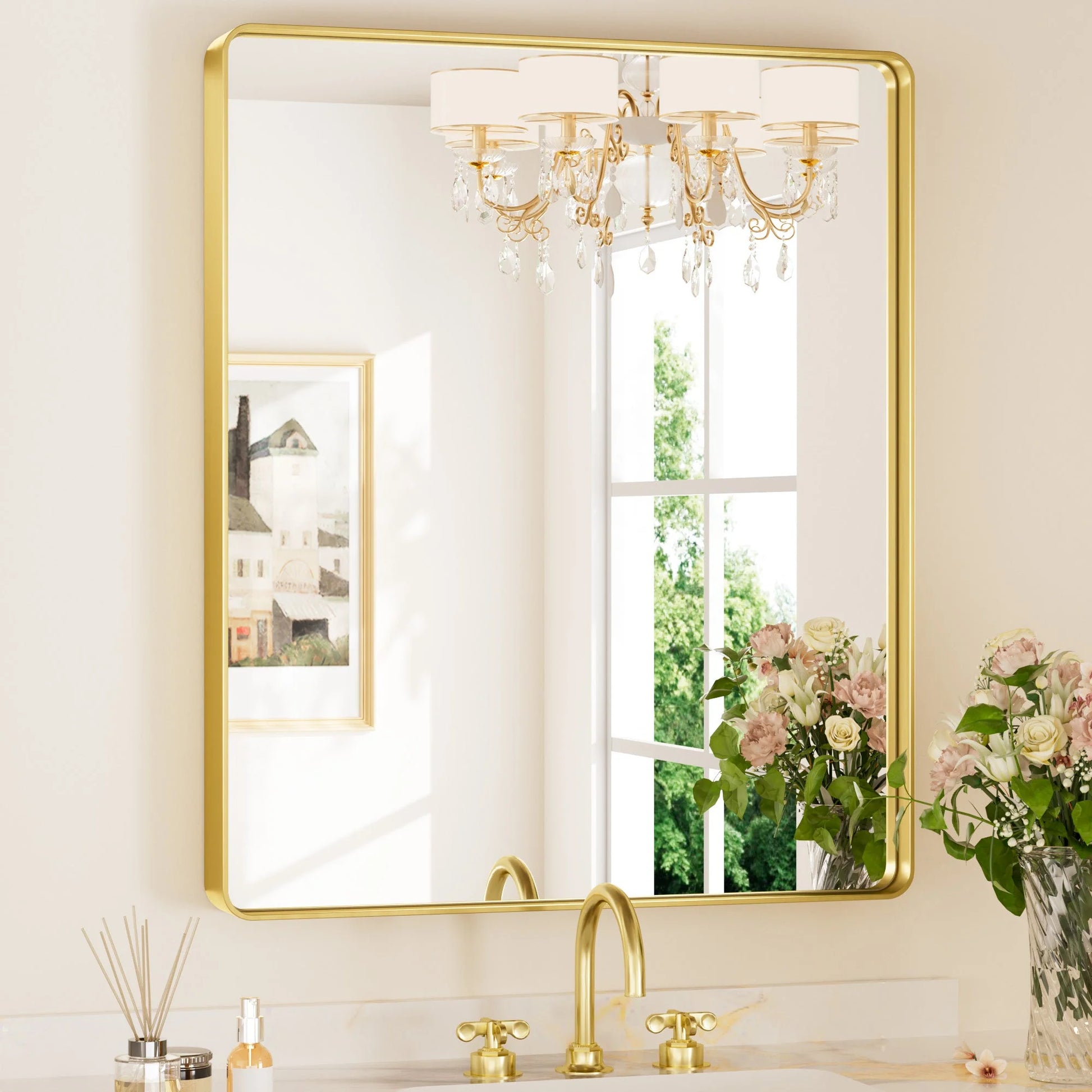 Gold Hard Corner Thin Frame Metal Mirror – Modern Wall-Mounted Bathroom - Bedroom - and Entryway Mirror - Lumens Depot