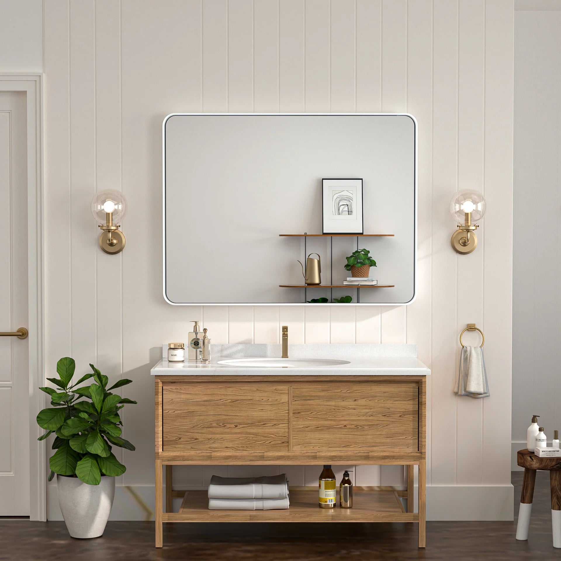White Hard Corner Thin Frame Metal Mirror – Modern Rectangular Wall-Mounted Mirror with Shatterproof Copper-Free Glass - Lumens Depot