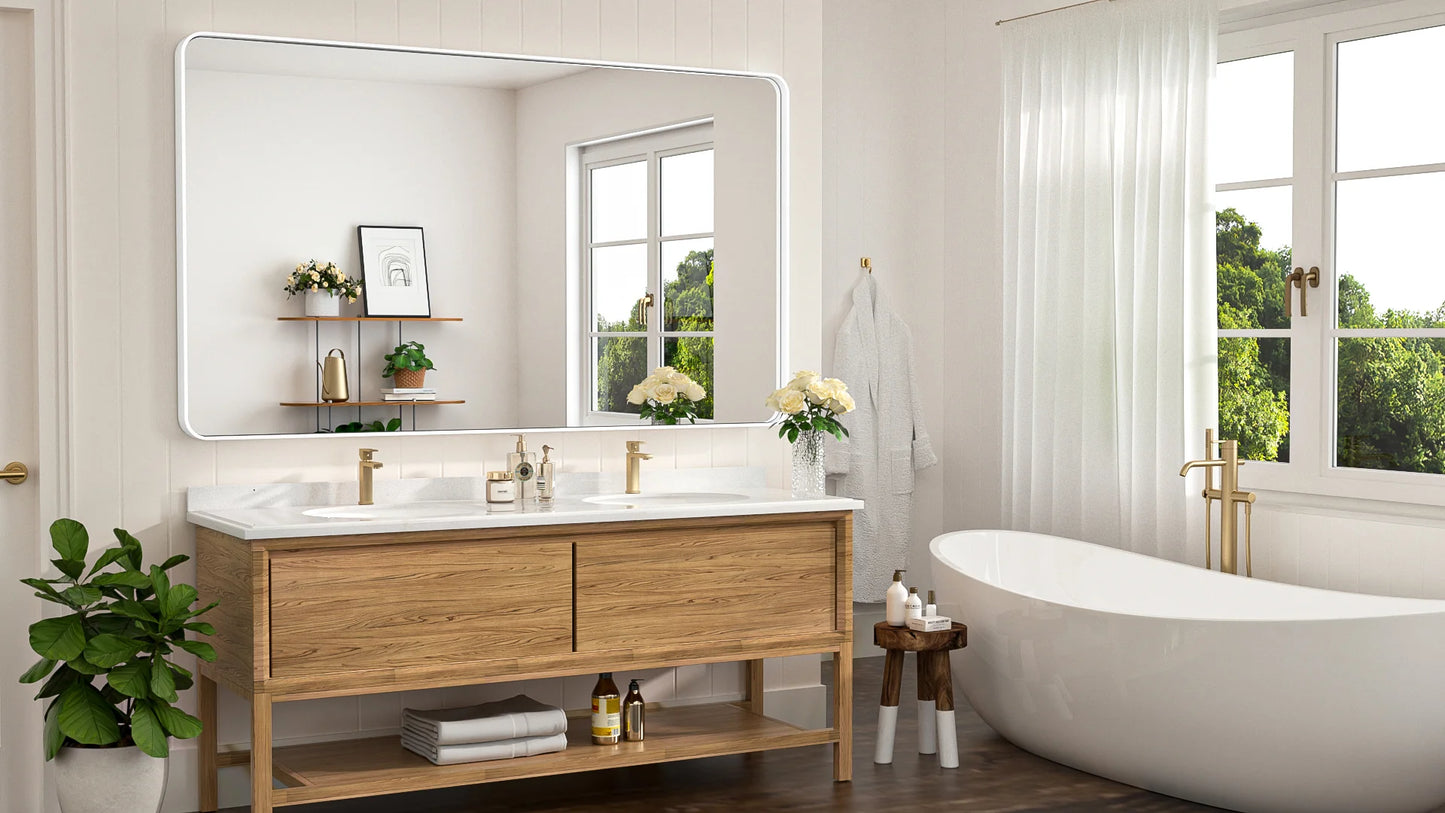 White Hard Corner Thin Frame Metal Mirror – Modern Rectangular Wall-Mounted Mirror with Shatterproof Copper-Free Glass - Lumens Depot