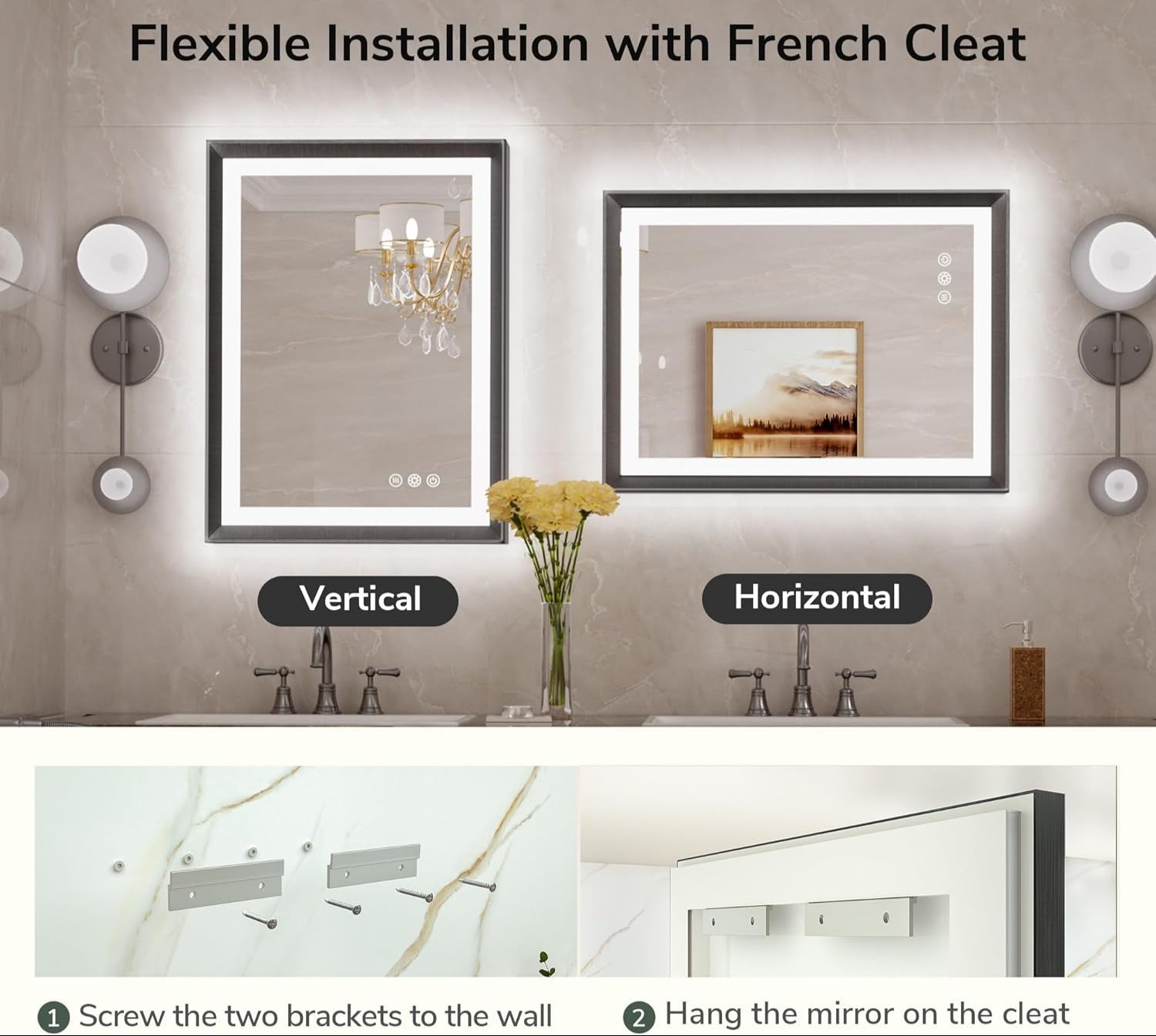 40x30 Black Frontlit LED Bathroom Mirror with 3 CCT – Dimmable - Anti-Fog - Metal Frame - Lumens Depot