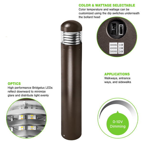 LED Bollard Light – 24W/19W/14W - Round Pole Included - Wattage & Color Selectable - Outdoor Pathway Lighting - Lumens Depot
