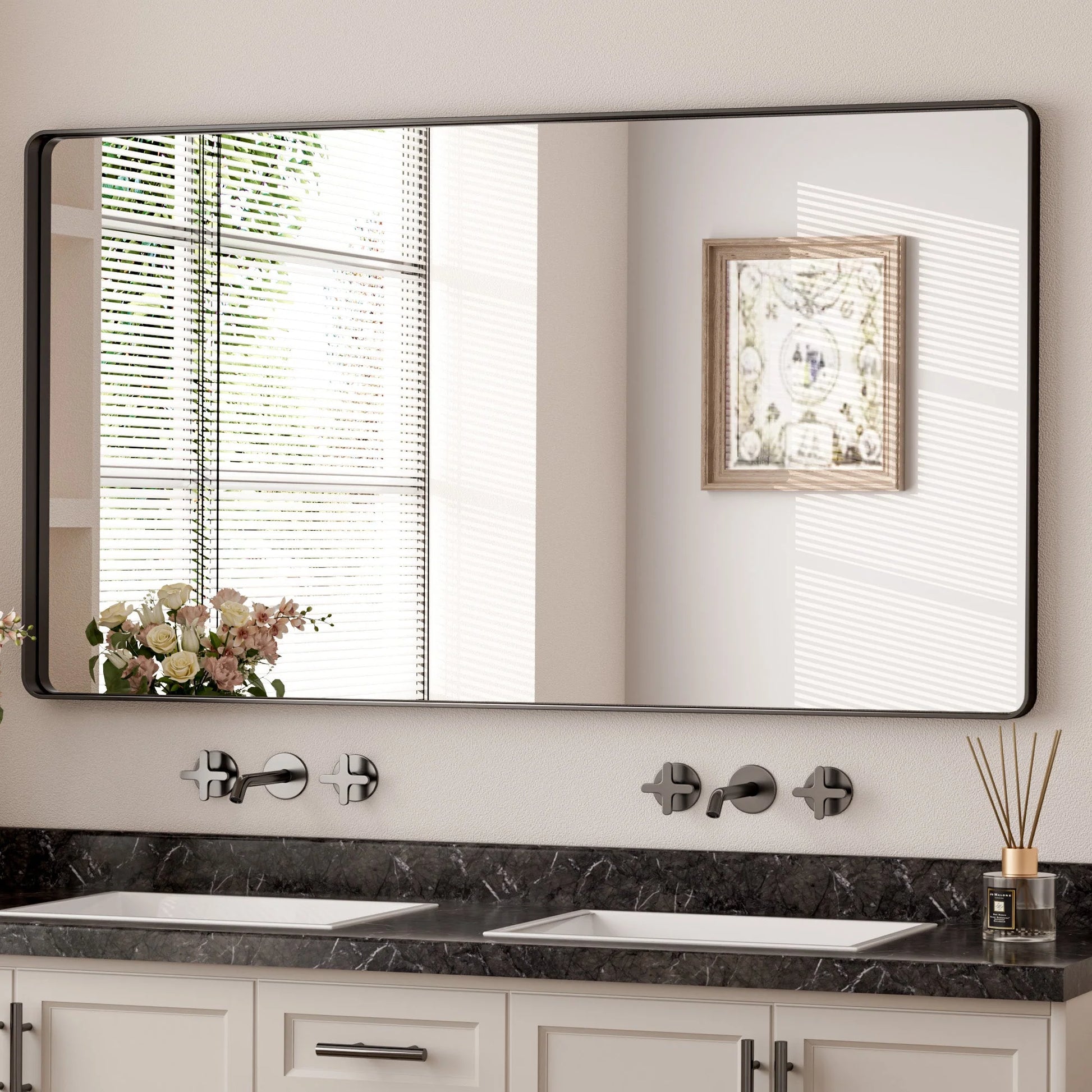 Black Hard Corner Thin Frame Metal Mirror – Modern Rectangular Wall-Mounted Mirror - Lumens Depot