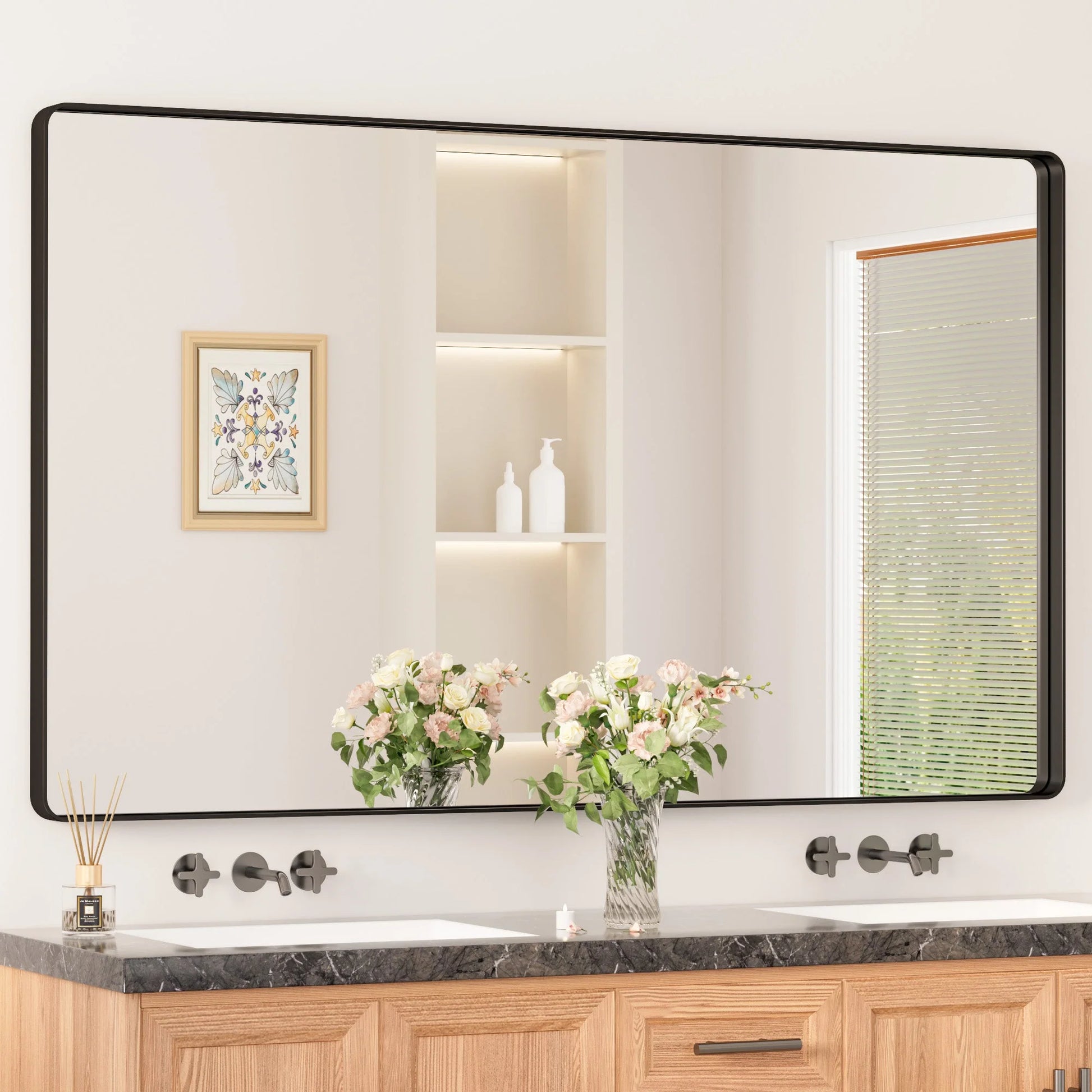 Black Hard Corner Thin Frame Metal Mirror – Modern Rectangular Wall-Mounted Mirror - Lumens Depot