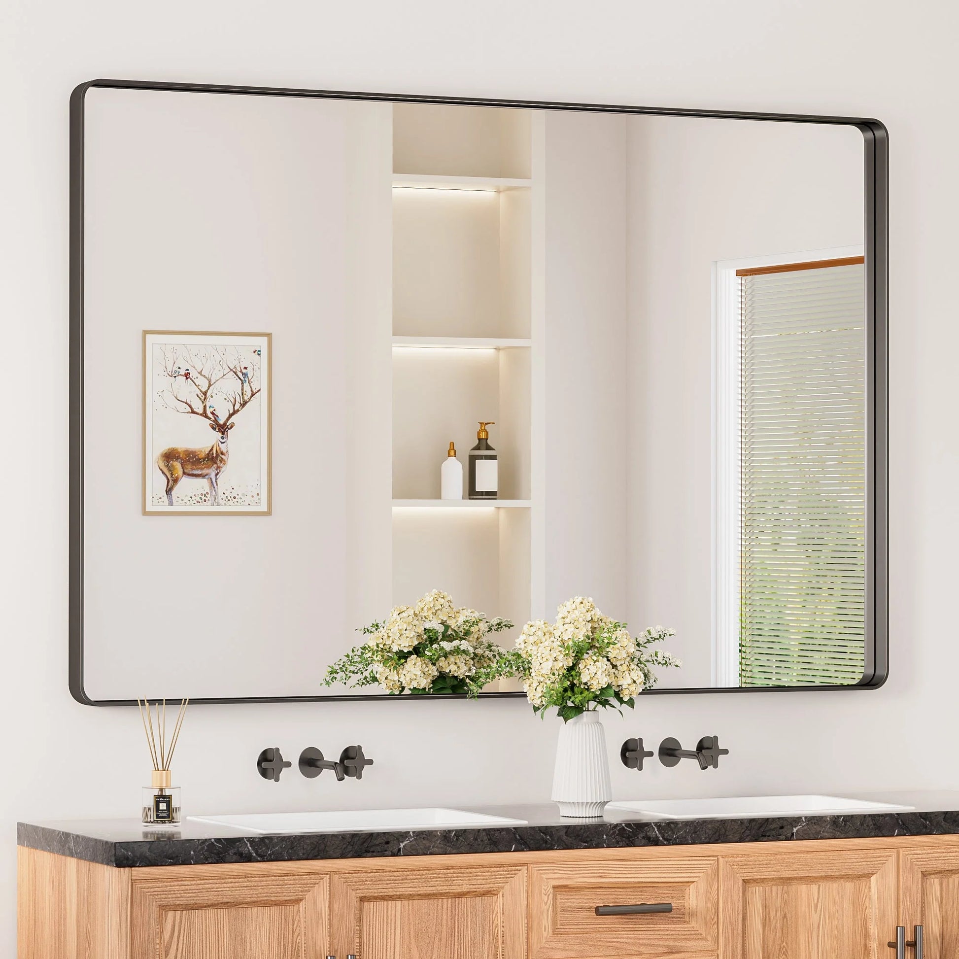 Black Hard Corner Thin Frame Metal Mirror – Modern Rectangular Wall-Mounted Mirror - Lumens Depot