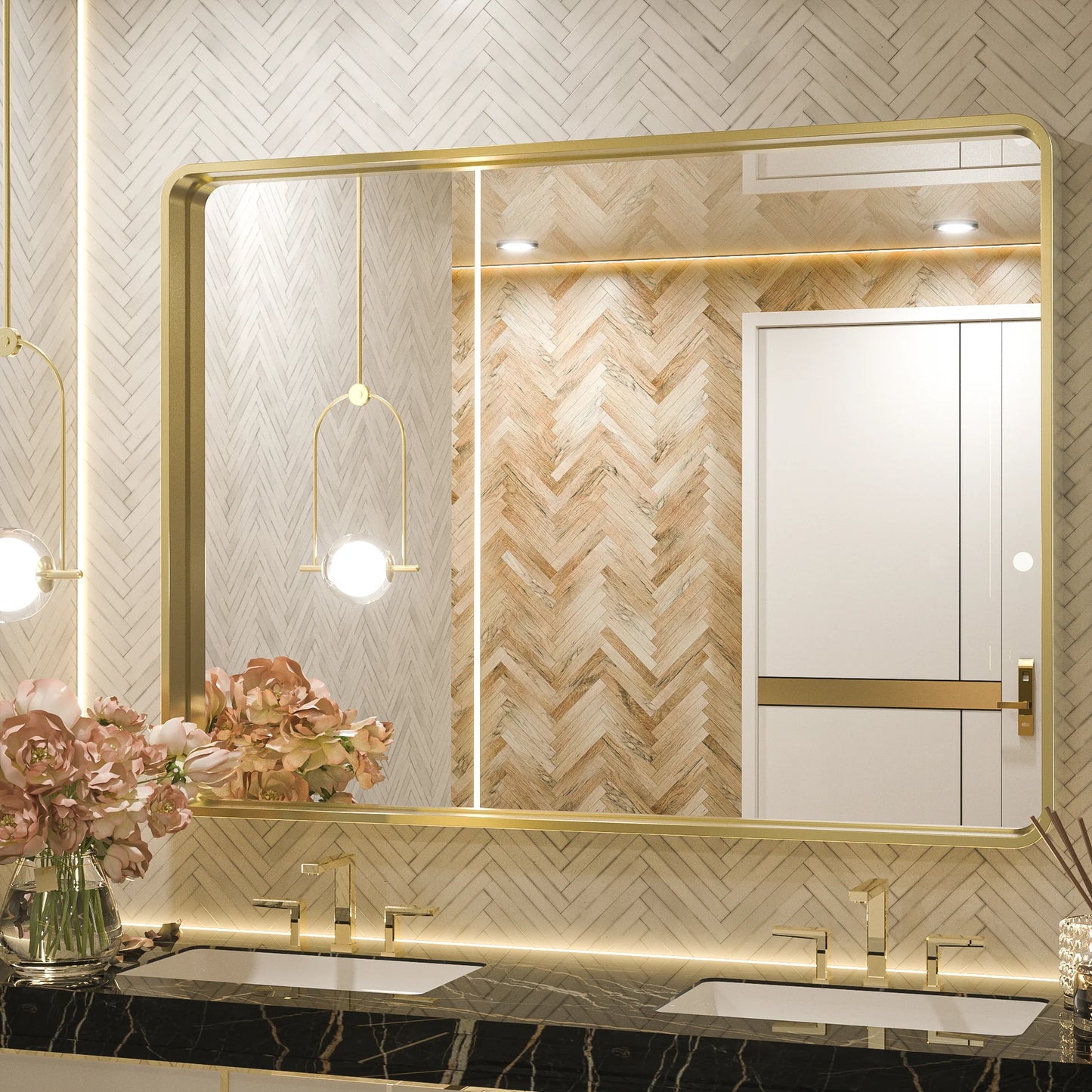 Gold Round Corner Metal Frame Mirror – Rectangular Wall Mirror with Shatterproof Glass - Vertical or Horizontal Mount – Modern Luxury Accent - Lumens Depot