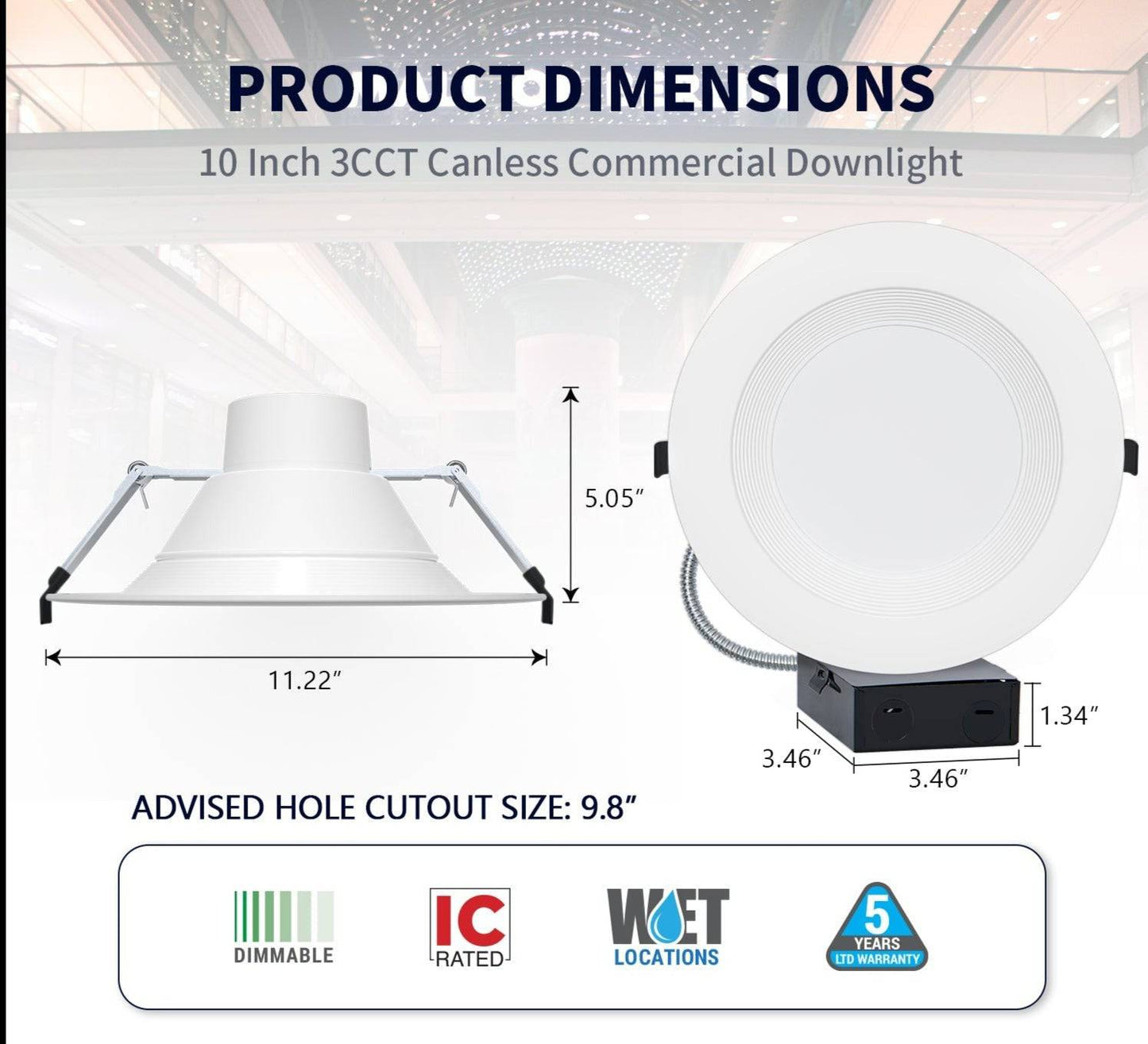 10 Inch Recessed LED Downlight with Junction Box - Selectable 3Wattage(22-35W) & 3CCT(3000K-5000K),0-10V Dimming - Lumens Depot