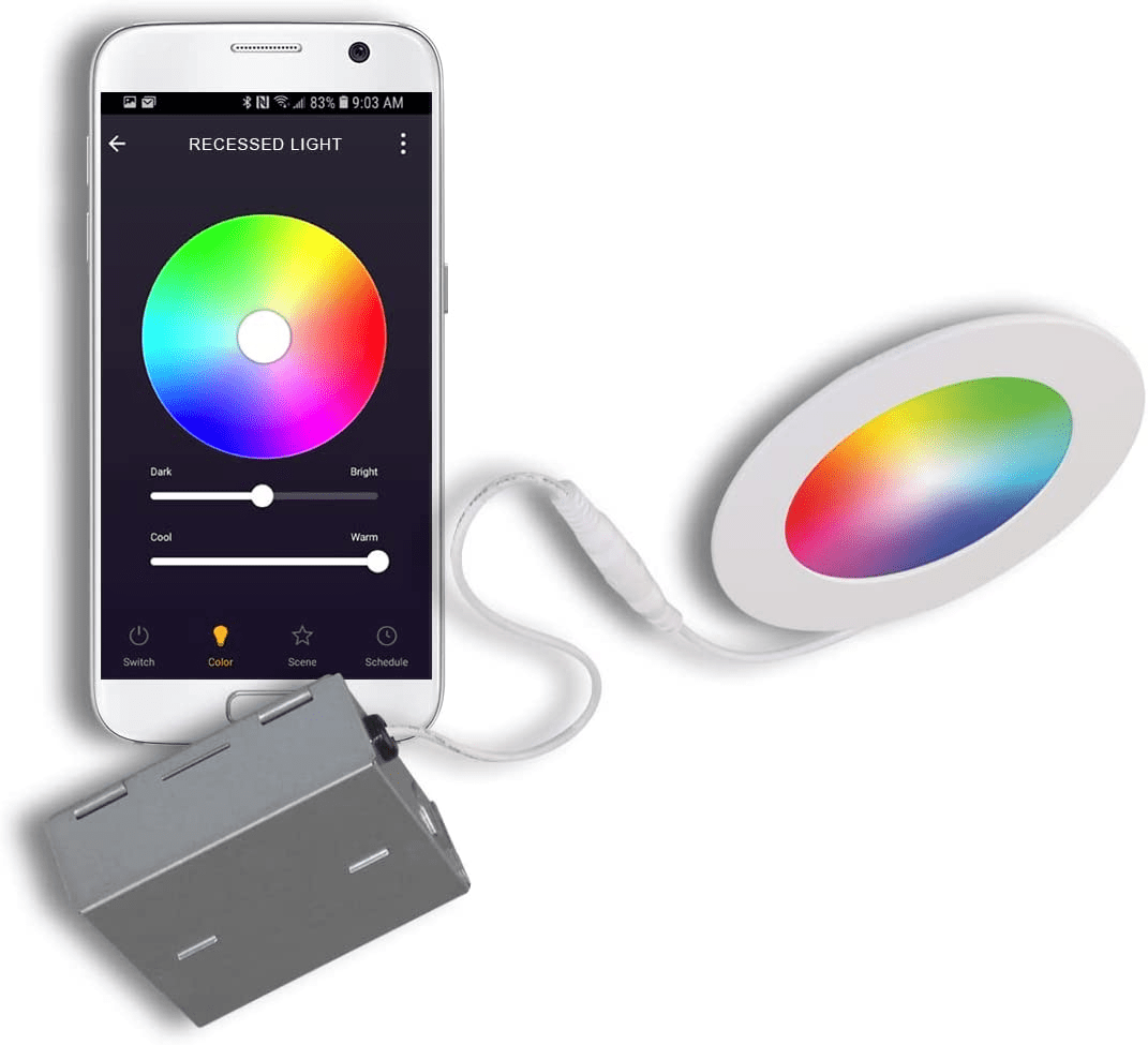 6 Inch WIFI Smart Flat Slim LED Downlight - 12W, RGB with Junction Box, 900LM, 100-130V AC, ETL listed - Lumens Depot