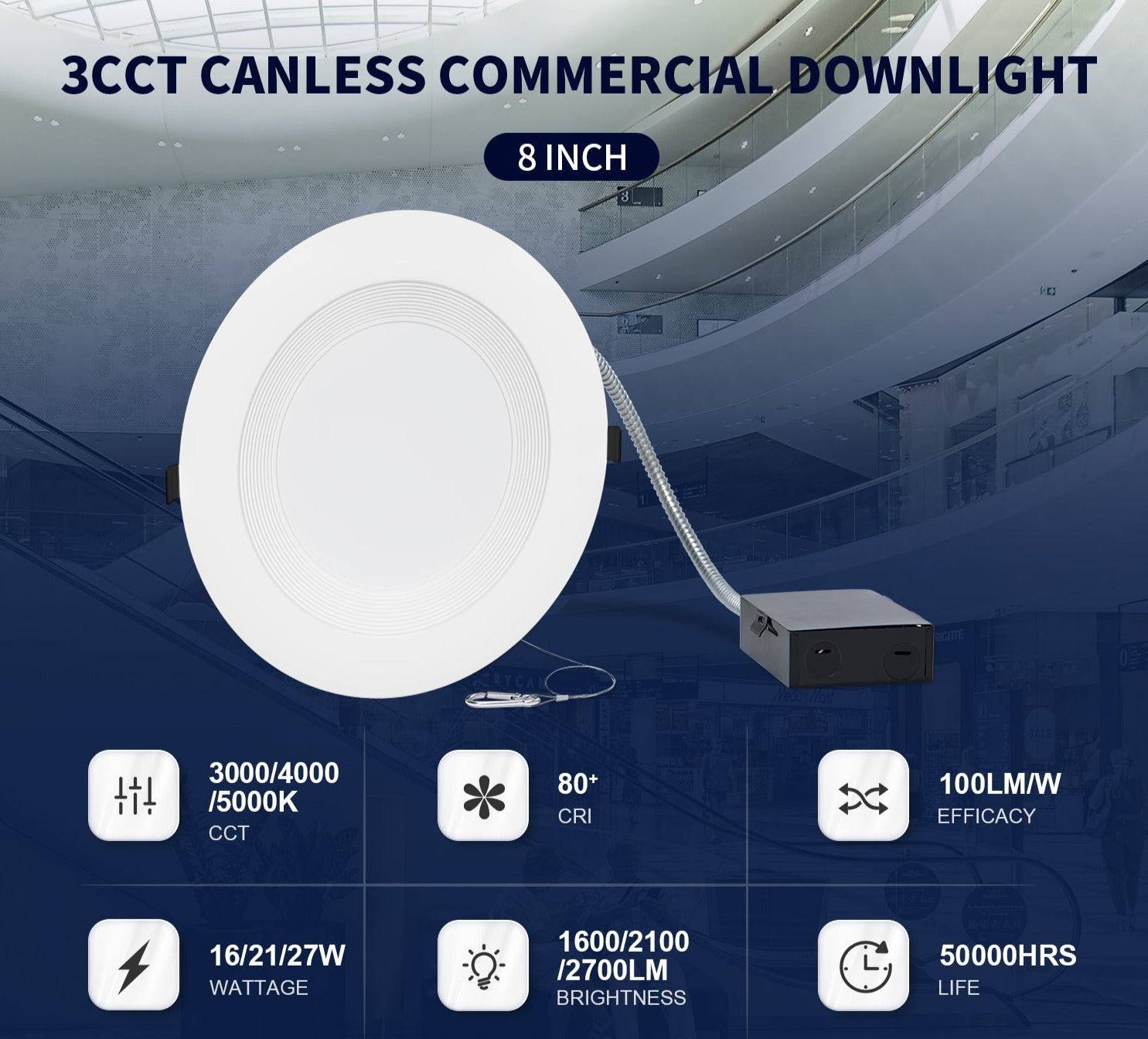 8 Inch Recessed LED Commercial Downlight with J-Box - Wattage Adjustable 16W/21W/27W, CCT Selectable (3000K/4000K/5000K ),120-277V - Lumens Depot