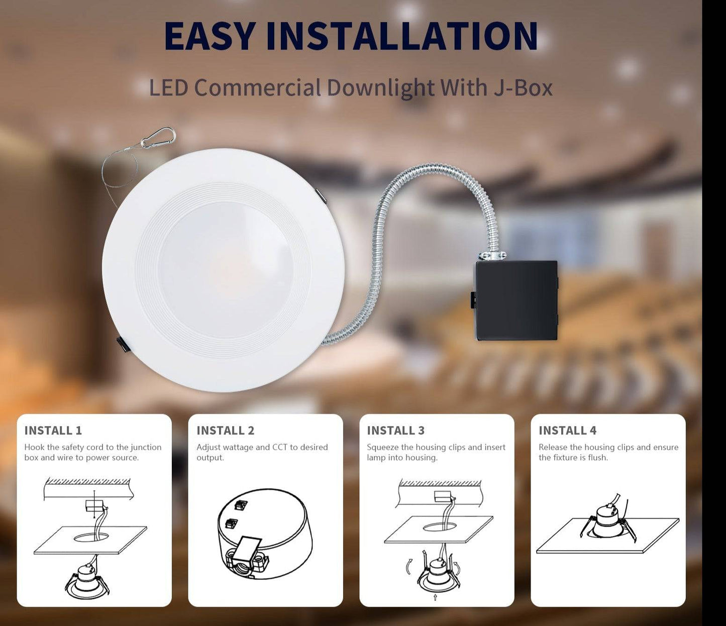 8 Inch Recessed LED Commercial Downlight with J-Box - Wattage Adjustable 16W/21W/27W, CCT Selectable (3000K/4000K/5000K ),120-277V - Lumens Depot