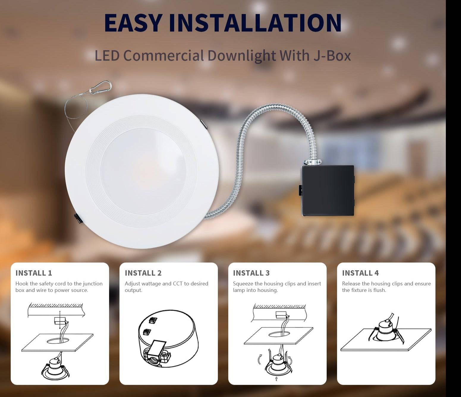 8 Inch Recessed LED Commercial Downlight with J-Box - Wattage Adjustable 16W/21W/27W, CCT Selectable (3000K/4000K/5000K ),120-277V - Lumens Depot
