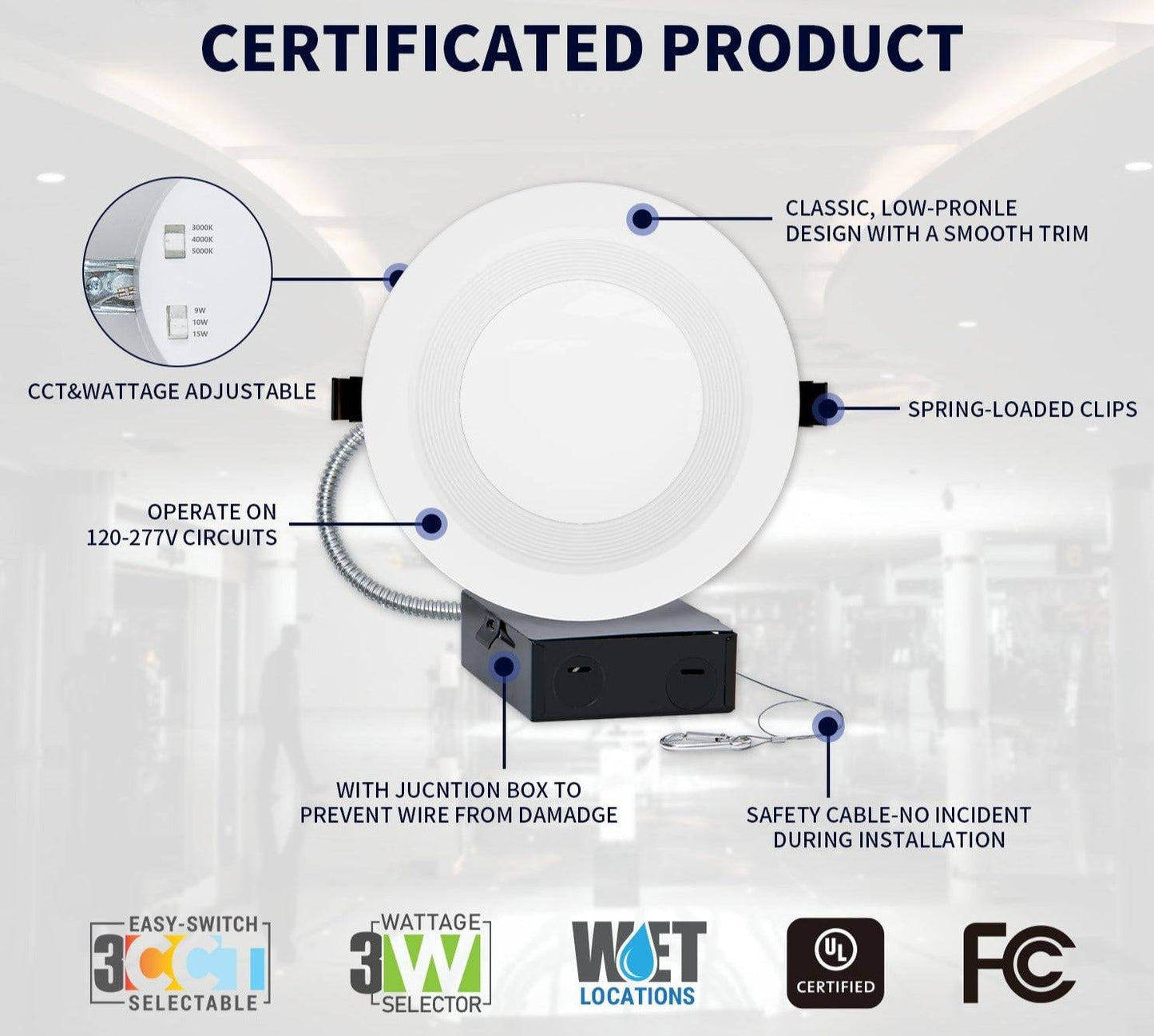 8 Inch Recessed LED Commercial Downlight with J-Box - Wattage Adjustable 16W/21W/27W, CCT Selectable (3000K/4000K/5000K ),120-277V - Lumens Depot