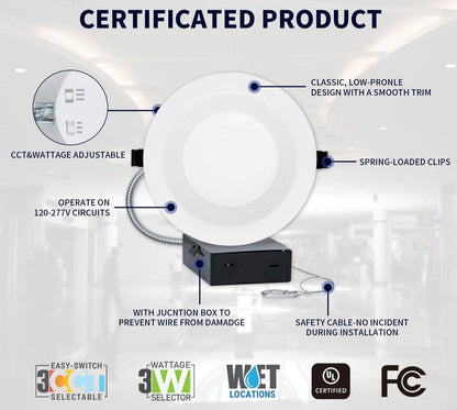 8 Inch Recessed LED Commercial Downlight with J-Box - Wattage Adjustable 16W/21W/27W, CCT Selectable (3000K/4000K/5000K ),120-277V - Lumens Depot