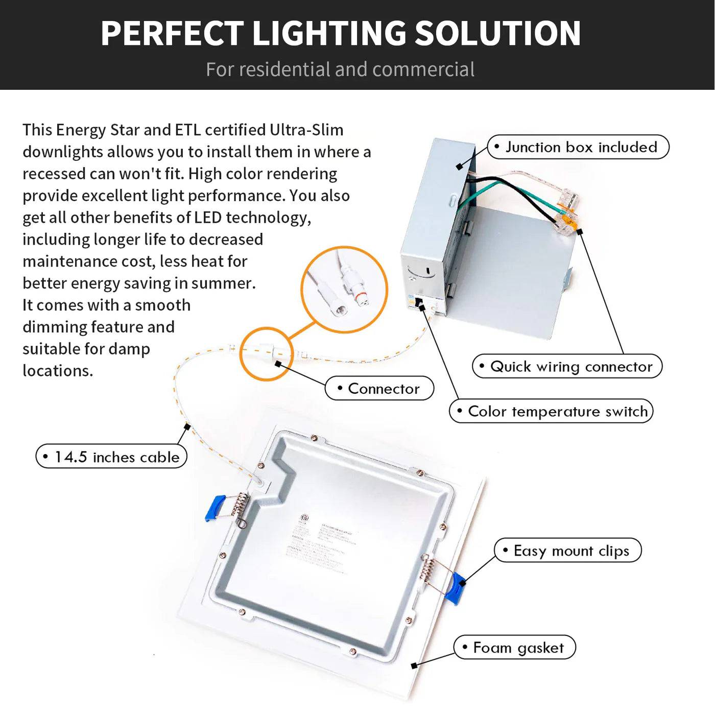 4 Inch 5CCT Can less LED Downlight - Ultra Slim Square Design with Junction Box (Flat & Baffle Trim) - 10W, 650lm, 120V AC, 90+ CRI - Lumens Depot