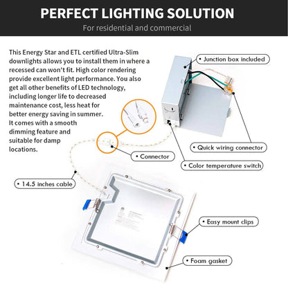 4 Inch 5CCT Can less LED Downlight - Ultra Slim Square Design with Junction Box (Flat & Baffle Trim) - 10W, 650lm, 120V AC, 90+ CRI - Lumens Depot