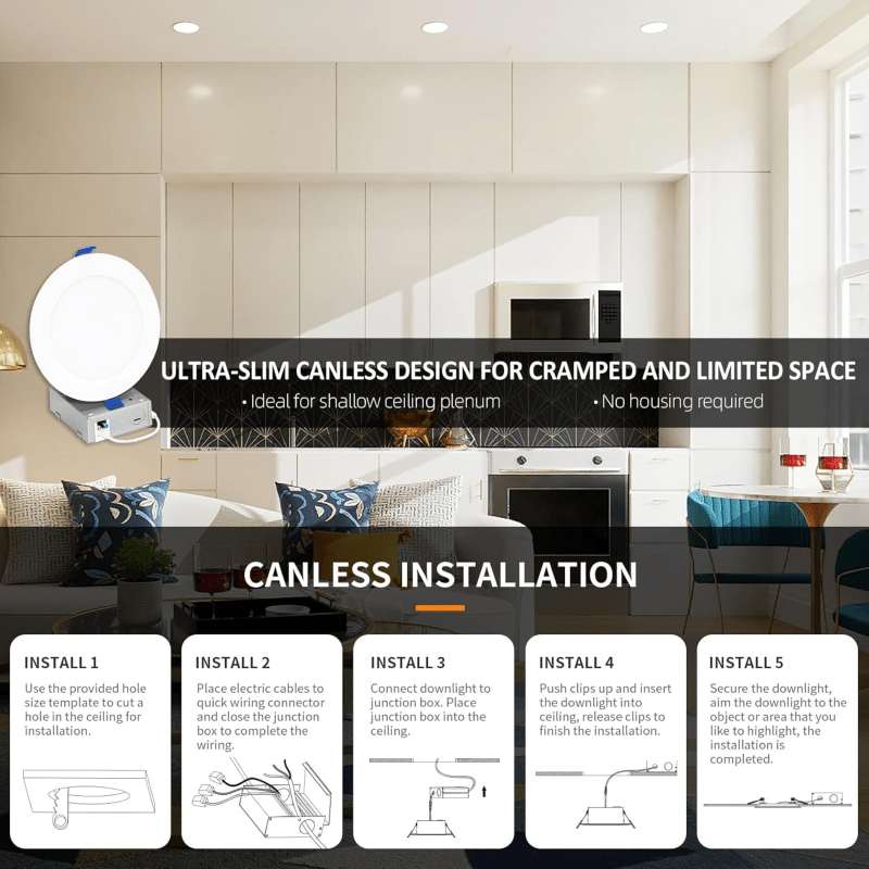 Ultra-Thin 8-Inch LED Recessed Lighting with Junction Box - 5CCT Dimmable 2700K-5000K 18W 1500lm Baffle Trim ETL Energy Star Certified - Lumens Depot