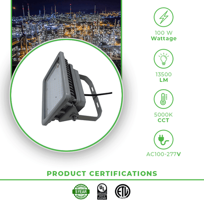 100 Watt LED Explosion Proof Flood Light, D Series, 5000K Non Dimmable, 13500LM, AC100-277V-IP66 - Lumens Depot