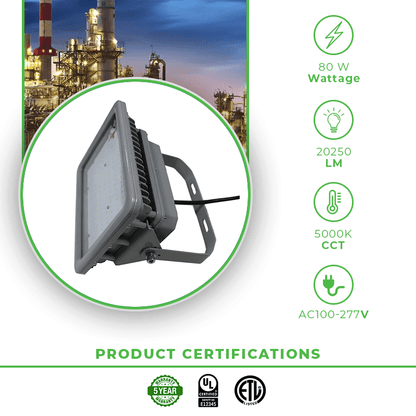 80W LED Explosion Proof Flood Light, D Series, 5000K Non Dimmable, 20250LM, AC100-277V-IP66 - Lumens Depot