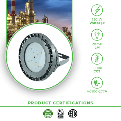 150 Watt LED Explosion Proof Round High Bay Light, B Series, 5000K- Non Dimmable, 20250LM, AC100-277V - Lumens Depot