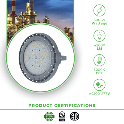 300 Watt LED Explosion Proof Round High Bay Light, B Series, 5000K- Non Dimmable, 42000LM, AC100-277V - Lumens Depot