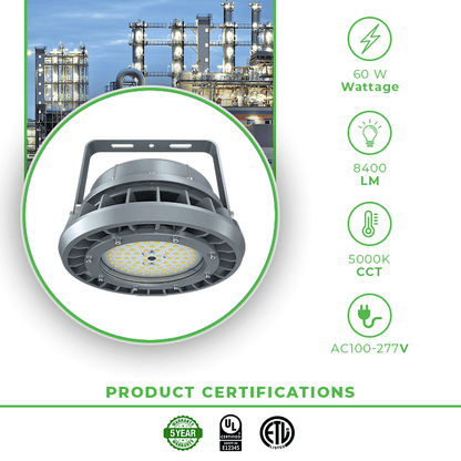 LED Explosion-Proof Light - 60 Watt LED Explosion Proof Round High Bay Light, C Series, 5000K- Non Dimmable, 8100LM, AC100-277V-IP66 - Lumens Depot