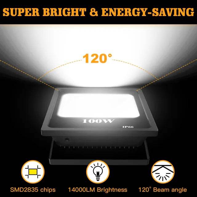 100W LED Flood Light, 5000K Daylight White, 14000 Lumens, IP65 Waterproof, 120° Beam Angle, 120V AC - Lumens Depot