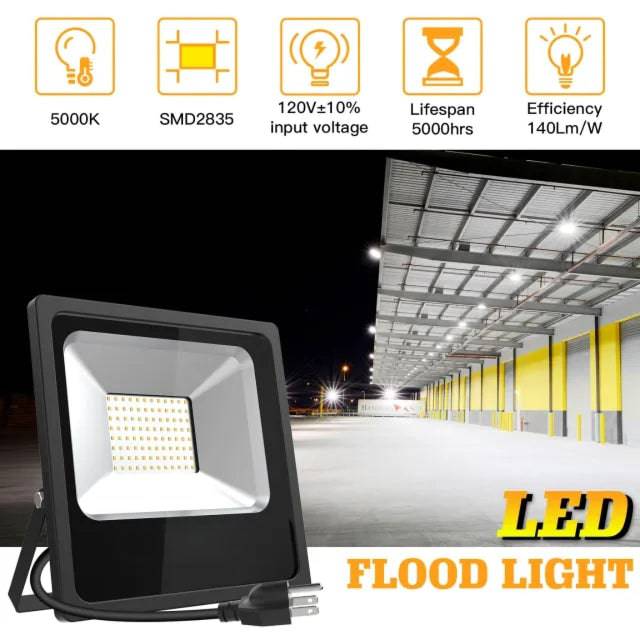 100W LED Flood Light, 5000K Daylight White, 14000 Lumens, IP65 Waterproof, 120° Beam Angle, 120V AC - Lumens Depot