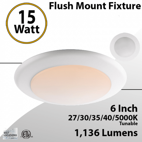 6" inch, Selectable 5 CCT, LED Flush Mount, 15W, 1200 LM, 120V, ETL, Energy Star Listed, For Homes, Offices, Kitchens, Hallways, Basement - Slim Recessed Lighting - Lumens Depot