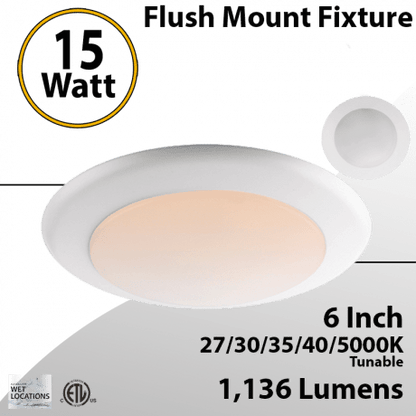 6" inch, Selectable 5 CCT, LED Flush Mount, 15W, 1200 LM, 120V, ETL, Energy Star Listed, For Homes, Offices, Kitchens, Hallways, Basement - Slim Recessed Lighting - Lumens Depot