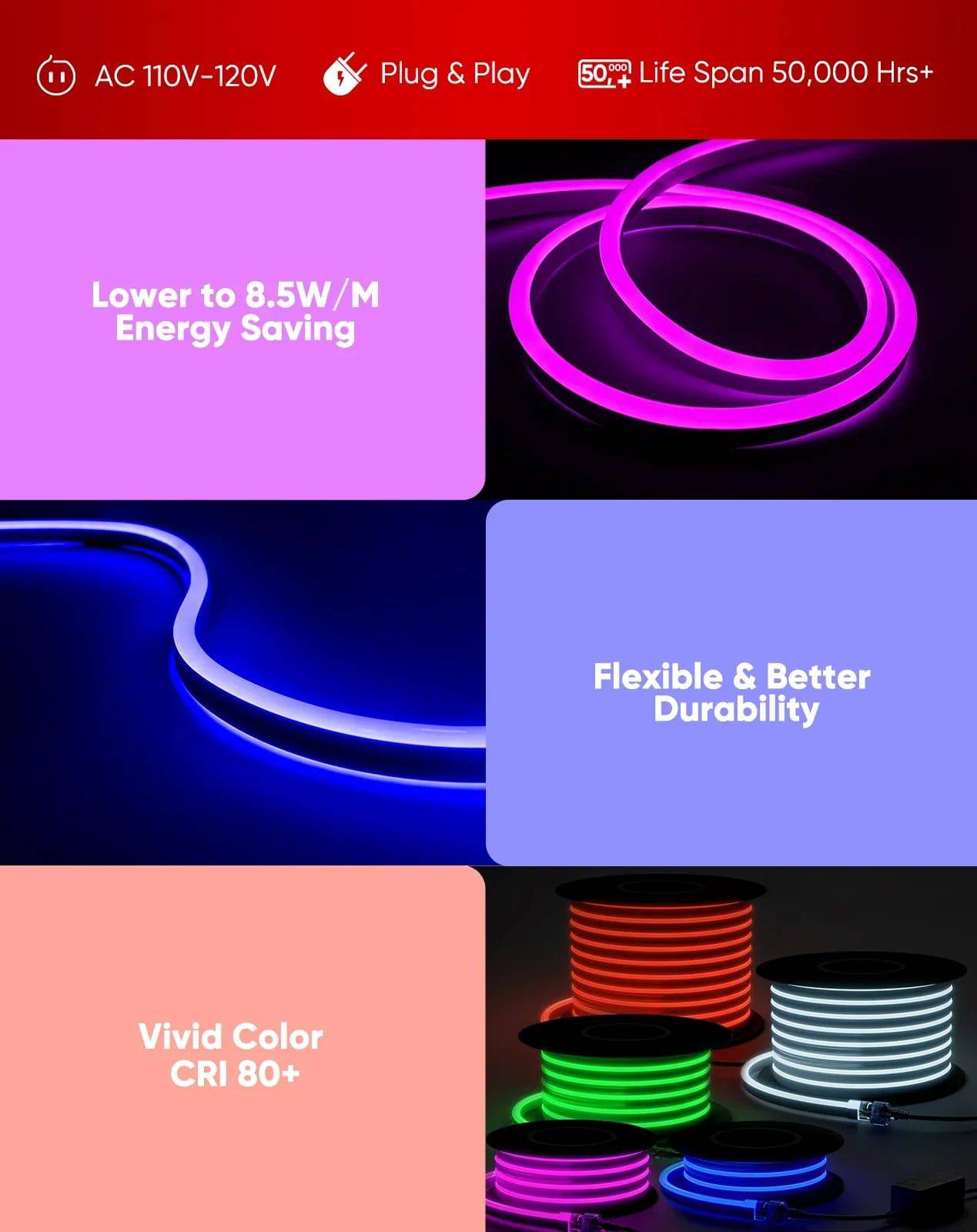 Bright & Colorful 110V RGB LED Neon Rope Light - 8.5W/M, RGB, Flexible, Long-Lasting, ETL-Standard - Lumens Depot