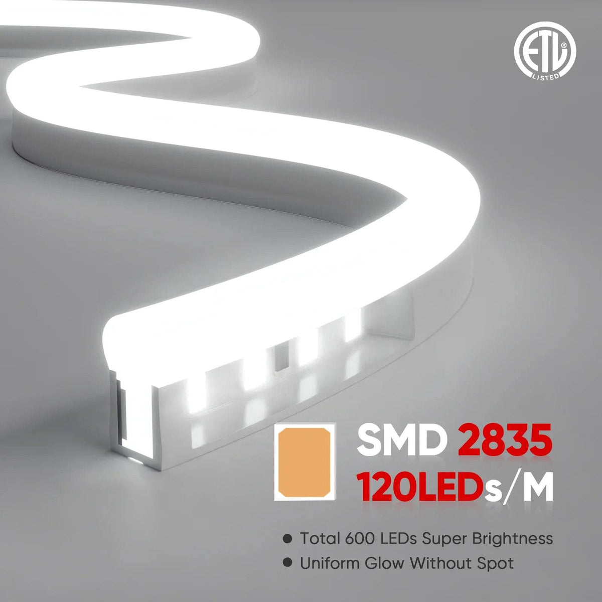 110-130V Cool White LED Neon Rope Light -6500K- 7mm x 14.5mm-7W/Meter ...