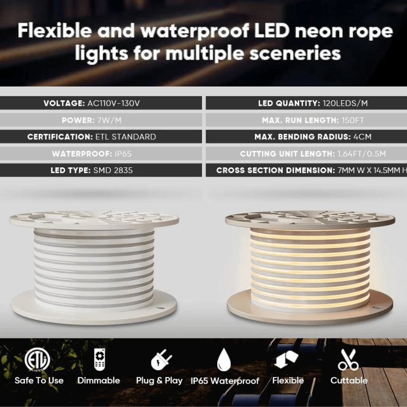 110V Neon Rope Light, 3000K Warm White, 220 Lumens/M - Cuttable, dimmable, can be hardwired - Lumens Depot