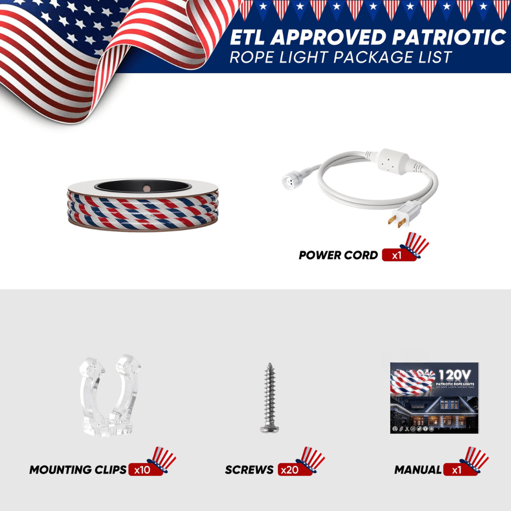 110V Red, White, and Blue Patriotic Rope Light - 11000K LED - Lumens Depot