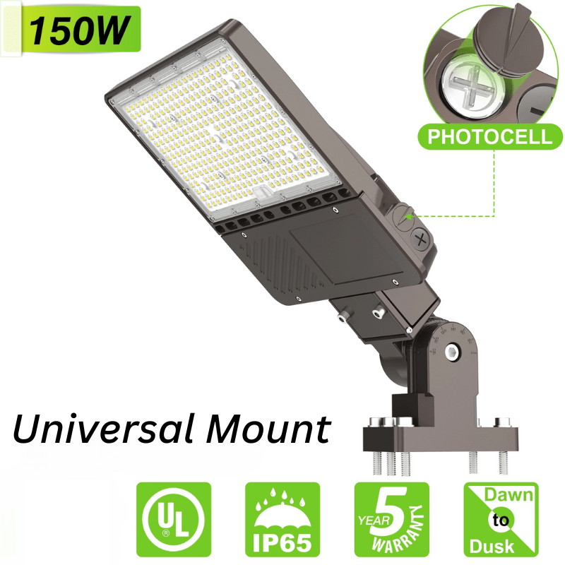 150W LED Shoebox Pole Light with Built in Photocell- Wattage Tunable (150W/120W/90W) 23,532 Lumens, 5000K Daylight, Ideal for Universal Mounting (Square/Round) Pole - Lumens Depot