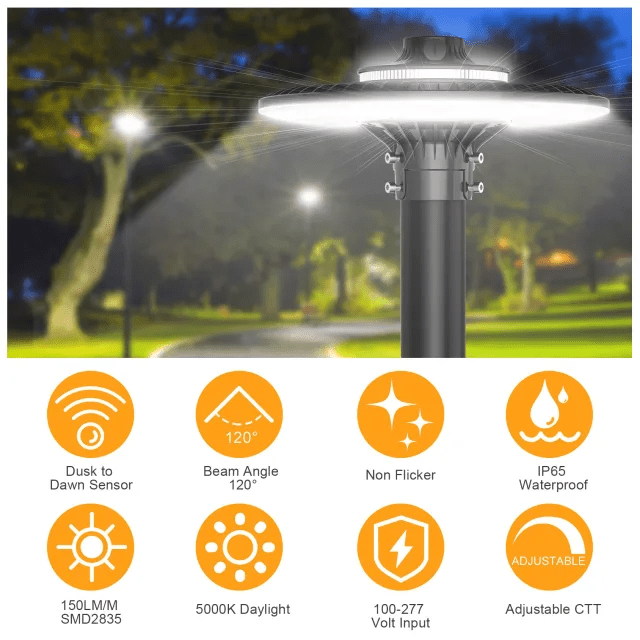 120W LED Post Top Light 5000K CCT Tunable with Photocell - 15600 Lumens, IP65 Waterproof, ETL cETL DLC Approved - Lumens Depot