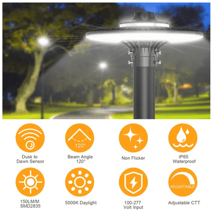 150 Watt LED Post Top Light with Photocell,3000K/4000K/5000K color Temperature and 18,617 Lumens - ETL and DLC Listed - Lumens Depot