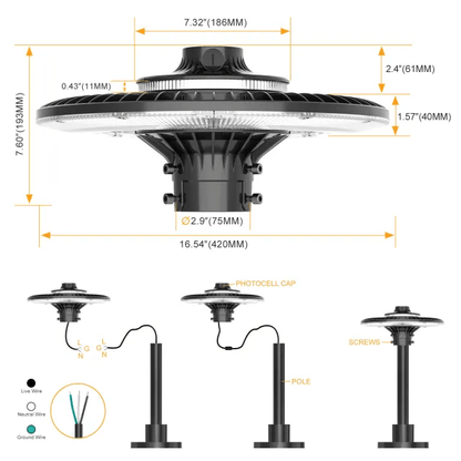 150 Watt LED Post Top Light with Photocell,3000K/4000K/5000K color Temperature and 18,617 Lumens - ETL and DLC Listed - Lumens Depot