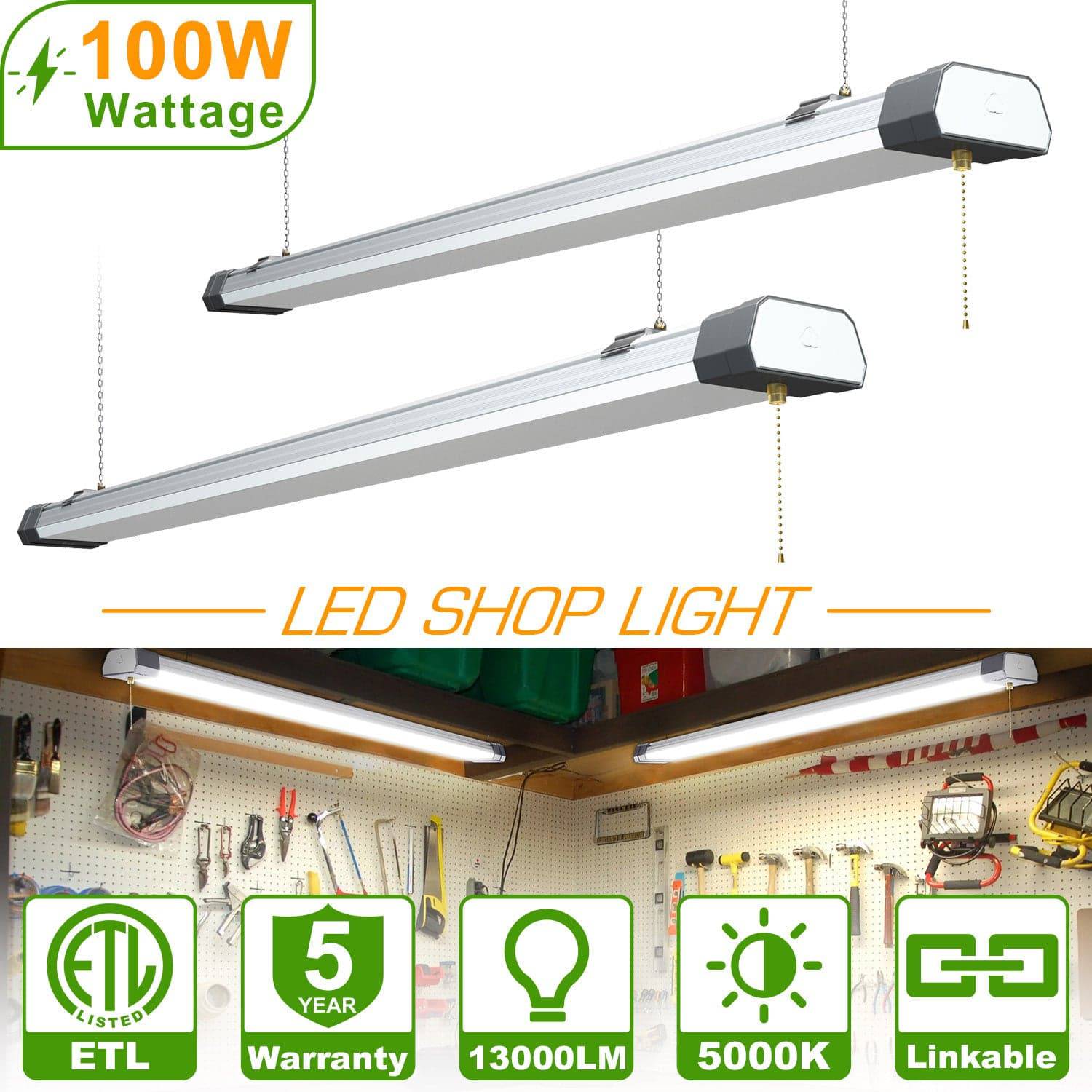 100W Linkable LED Shop Light | 4FT 13000LM 5000K | With Plug | 120V LED Garage Ceiling Workshop Light | ON/Off Pull Chain | Suspended & Flush Mount - Lumens Depot