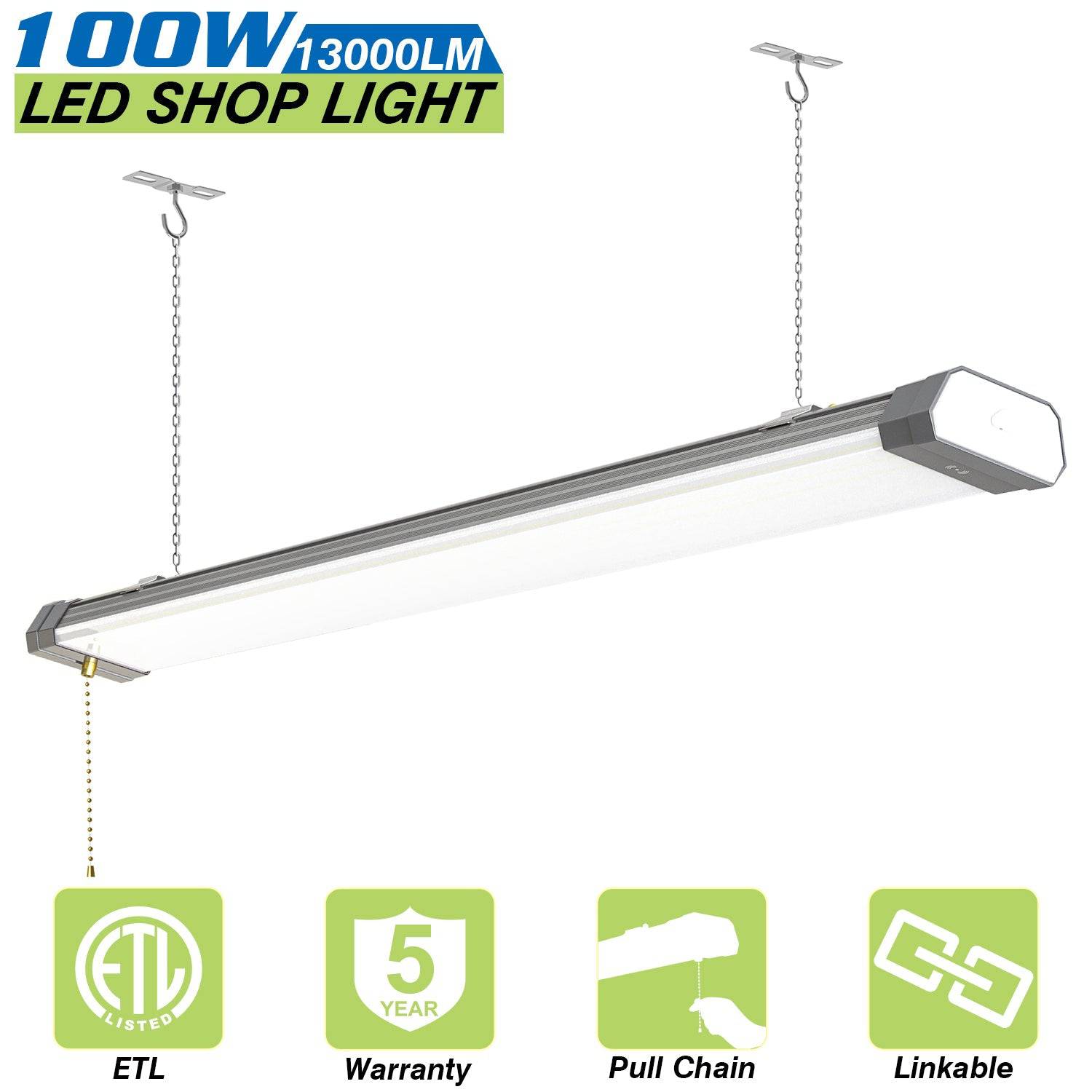 100W Linkable LED Shop Light | 4FT 13000LM 5000K | With Plug | 120V LED Garage Ceiling Workshop Light | ON/Off Pull Chain | Suspended & Flush Mount - Lumens Depot