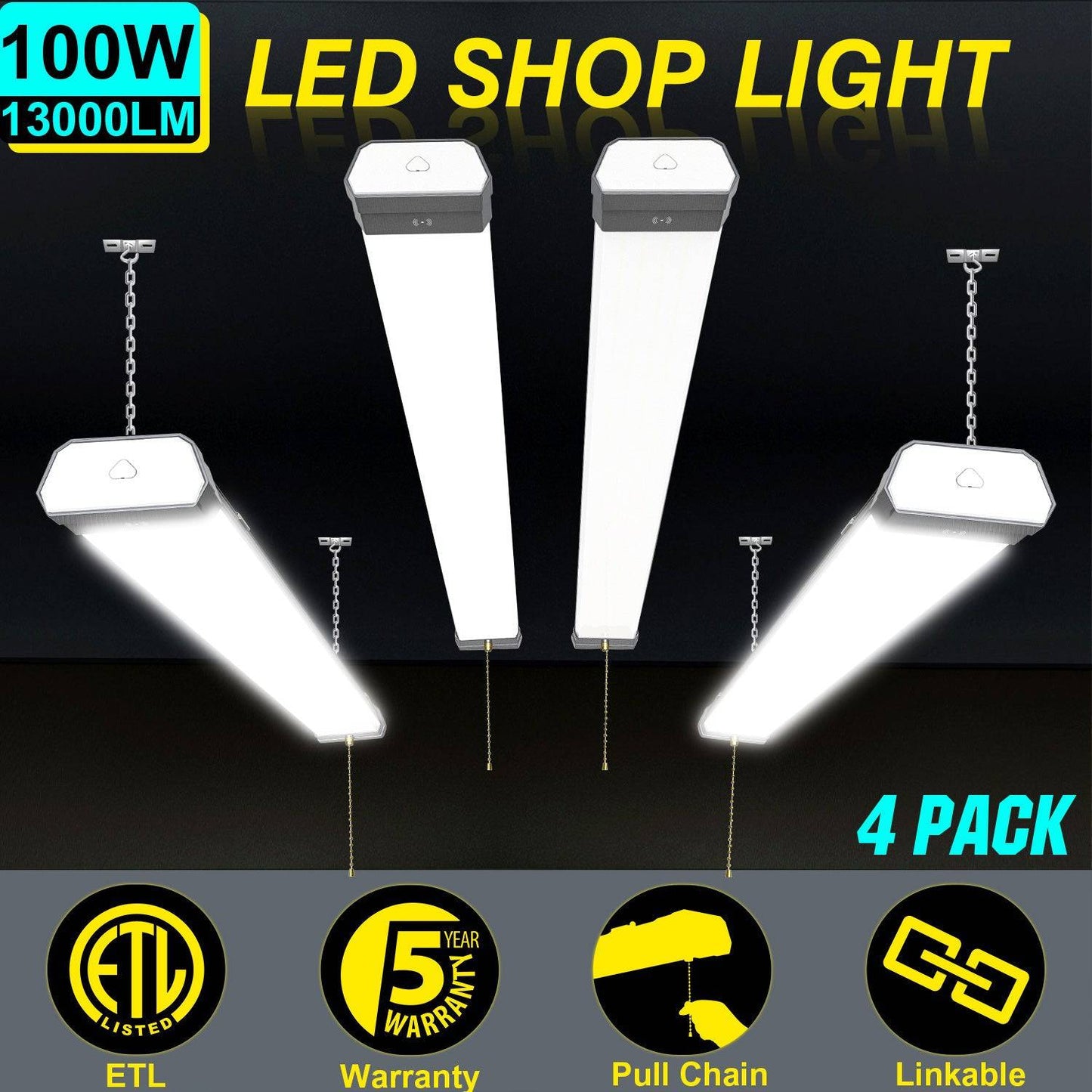 100W Linkable LED Shop Light | 4FT 13000LM 5000K | With Plug | 120V LED Garage Ceiling Workshop Light | ON/Off Pull Chain | Suspended & Flush Mount - Lumens Depot