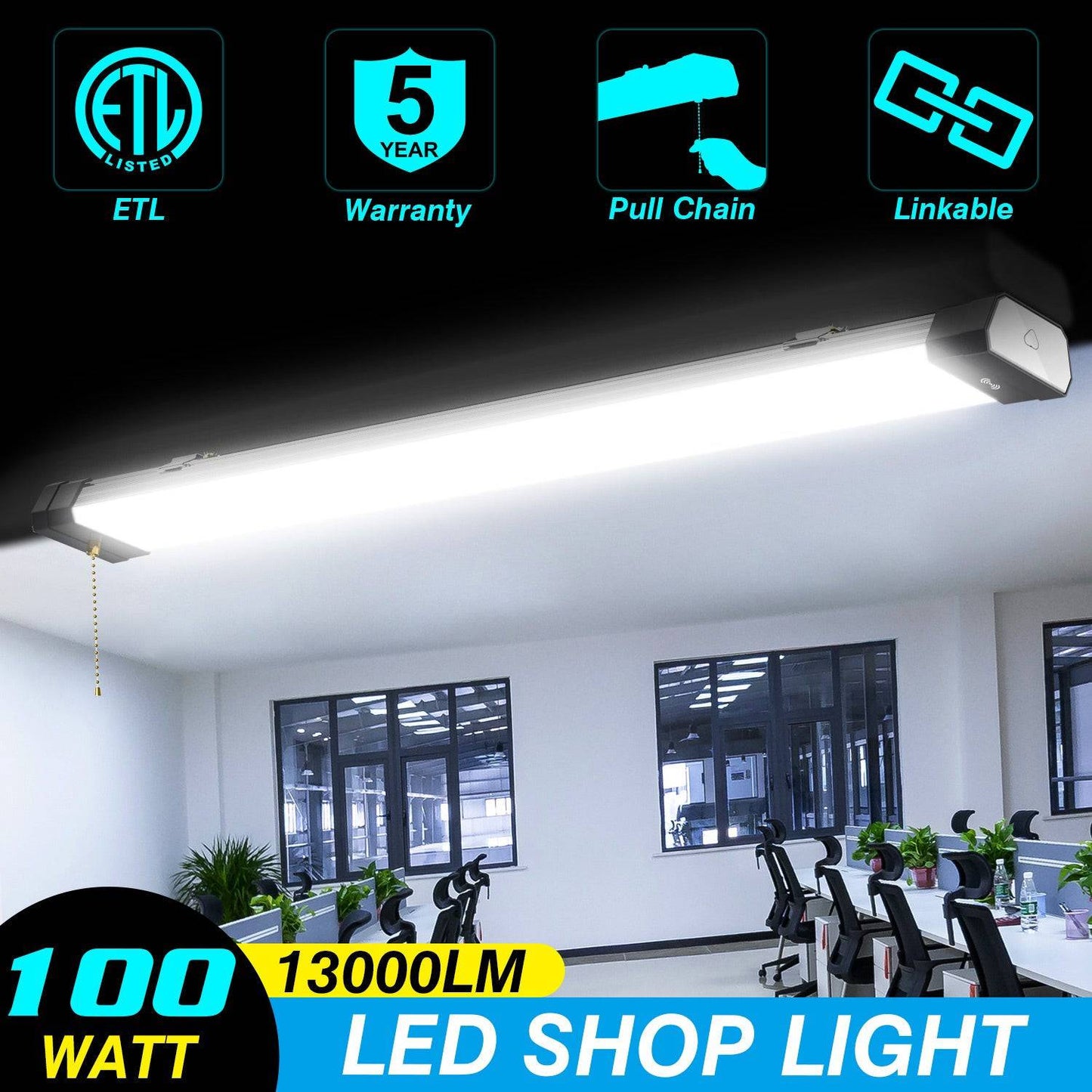 100W Linkable LED Shop Light | 4FT 13000LM 5000K | With Plug | 120V LED Garage Ceiling Workshop Light | ON/Off Pull Chain | Suspended & Flush Mount - Lumens Depot