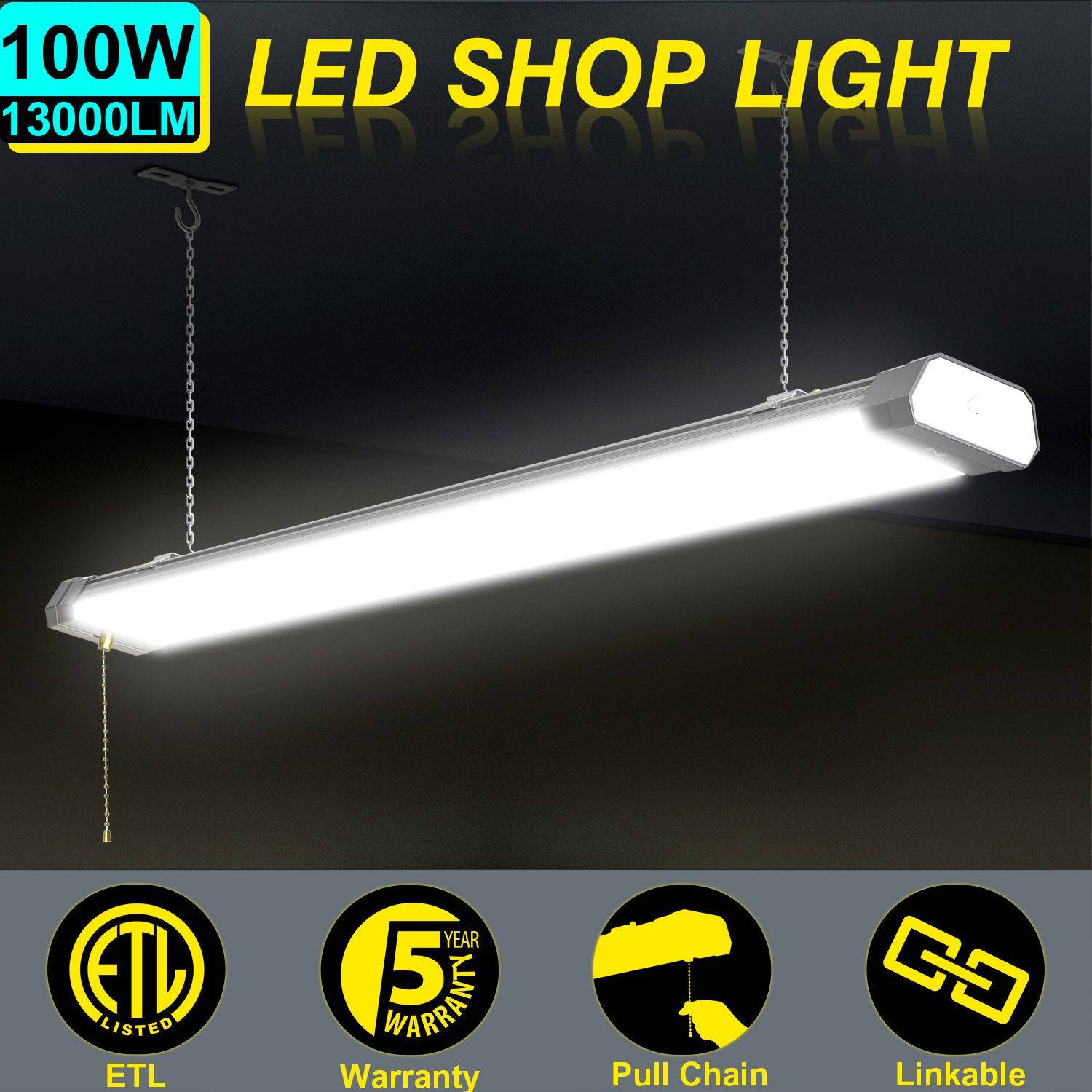 100W Linkable LED Shop Light | 4FT 13000LM 5000K | With Plug | 120V LED Garage Ceiling Workshop Light | ON/Off Pull Chain | Suspended & Flush Mount - Lumens Depot