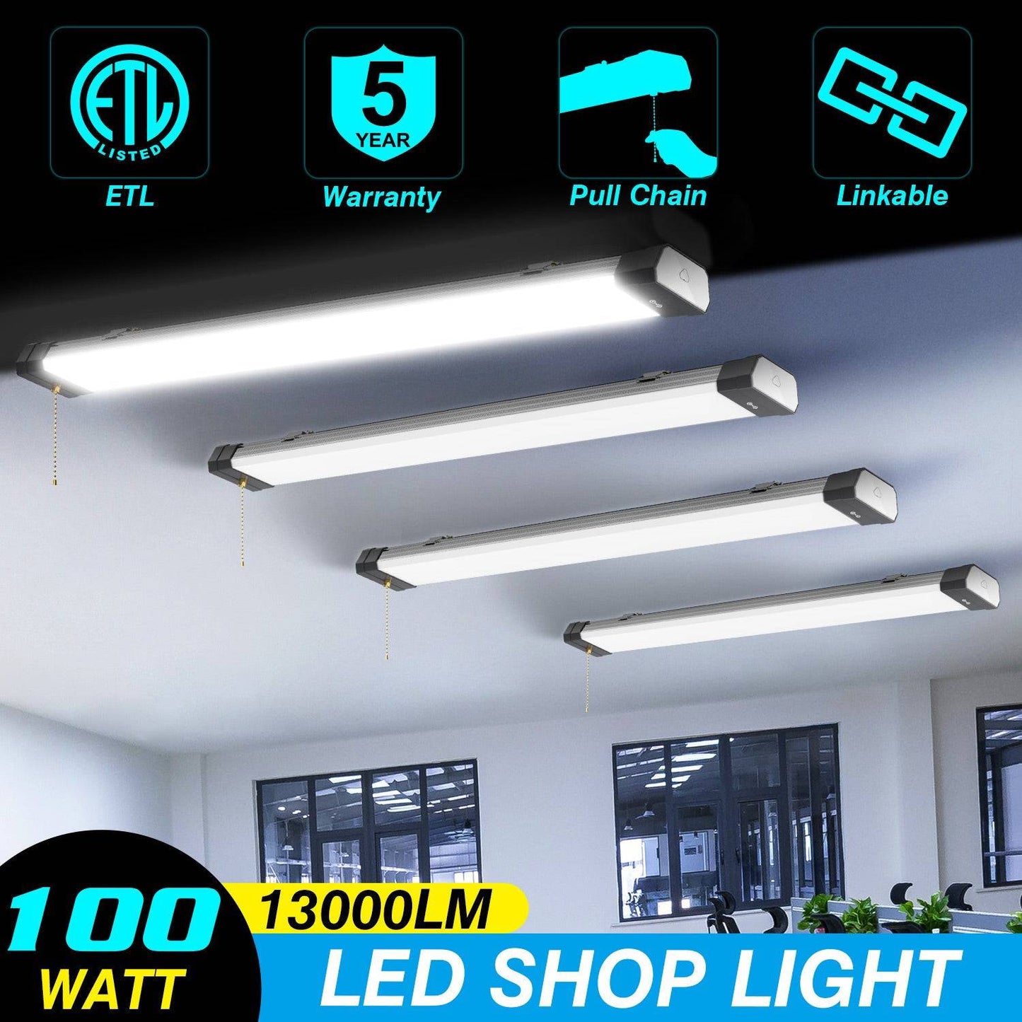 100W Linkable LED Shop Light | 4FT 13000LM 5000K | With Plug | 120V LED Garage Ceiling Workshop Light | ON/Off Pull Chain | Suspended & Flush Mount - Lumens Depot