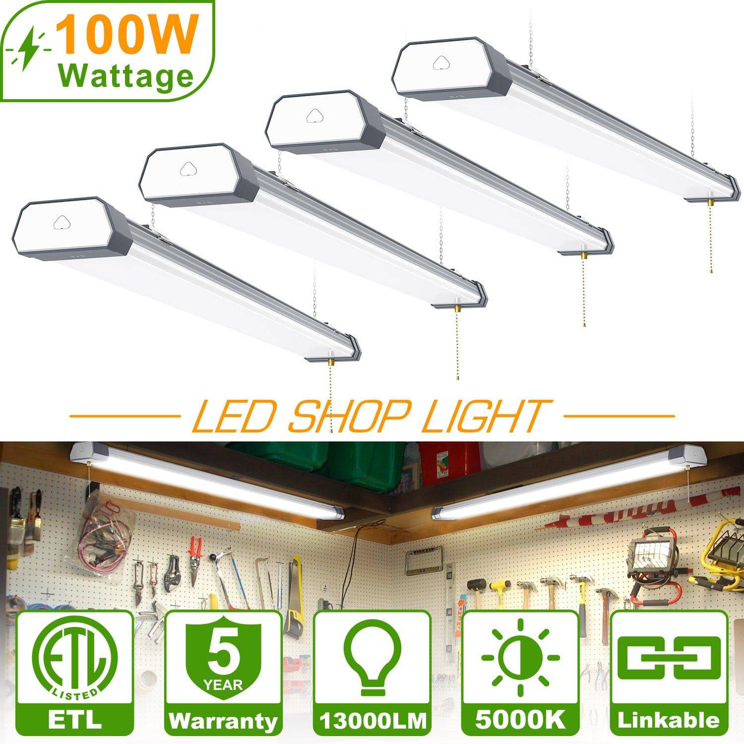 100W Linkable LED Shop Light | 4FT 13000LM 5000K | With Plug | 120V LED Garage Ceiling Workshop Light | ON/Off Pull Chain | Suspended & Flush Mount - Lumens Depot